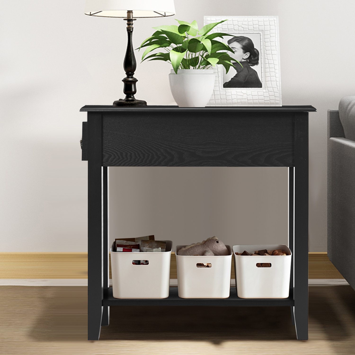 Gymax 2 Tier End Bedside Sofa Side Table Narrow Nightstand w/Drawer &Shelf Black
