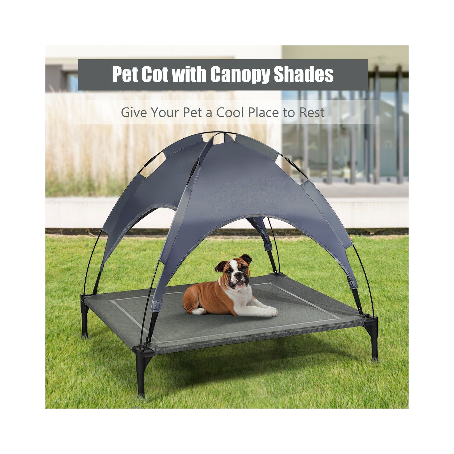 Gymax 36'' Portable Elevated Dog Cot Outdoor Cooling Pet Bed w/ Removable Canopy Shade