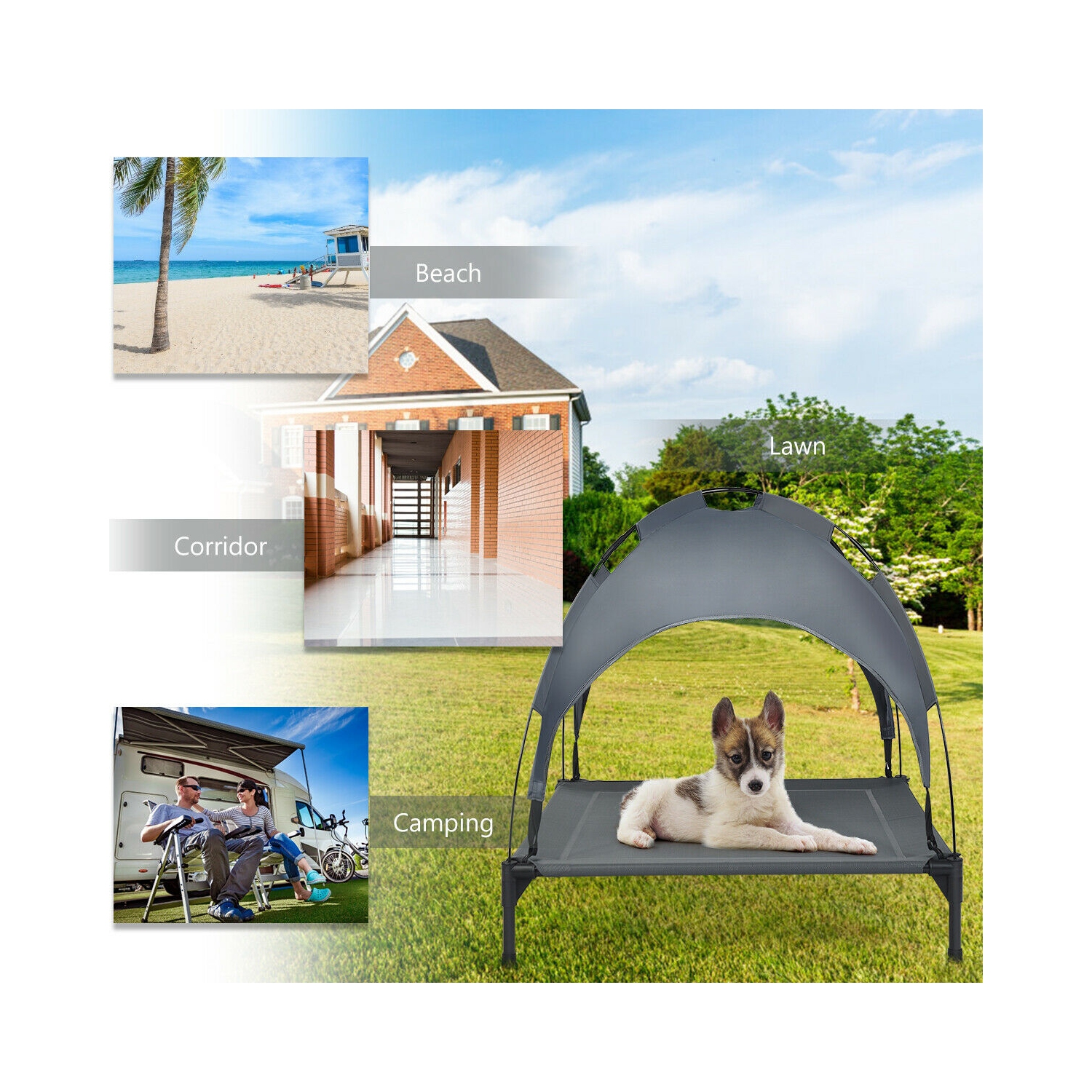 Gymax 36'' Portable Elevated Dog Cot Outdoor Cooling Pet Bed w/ Removable Canopy Shade