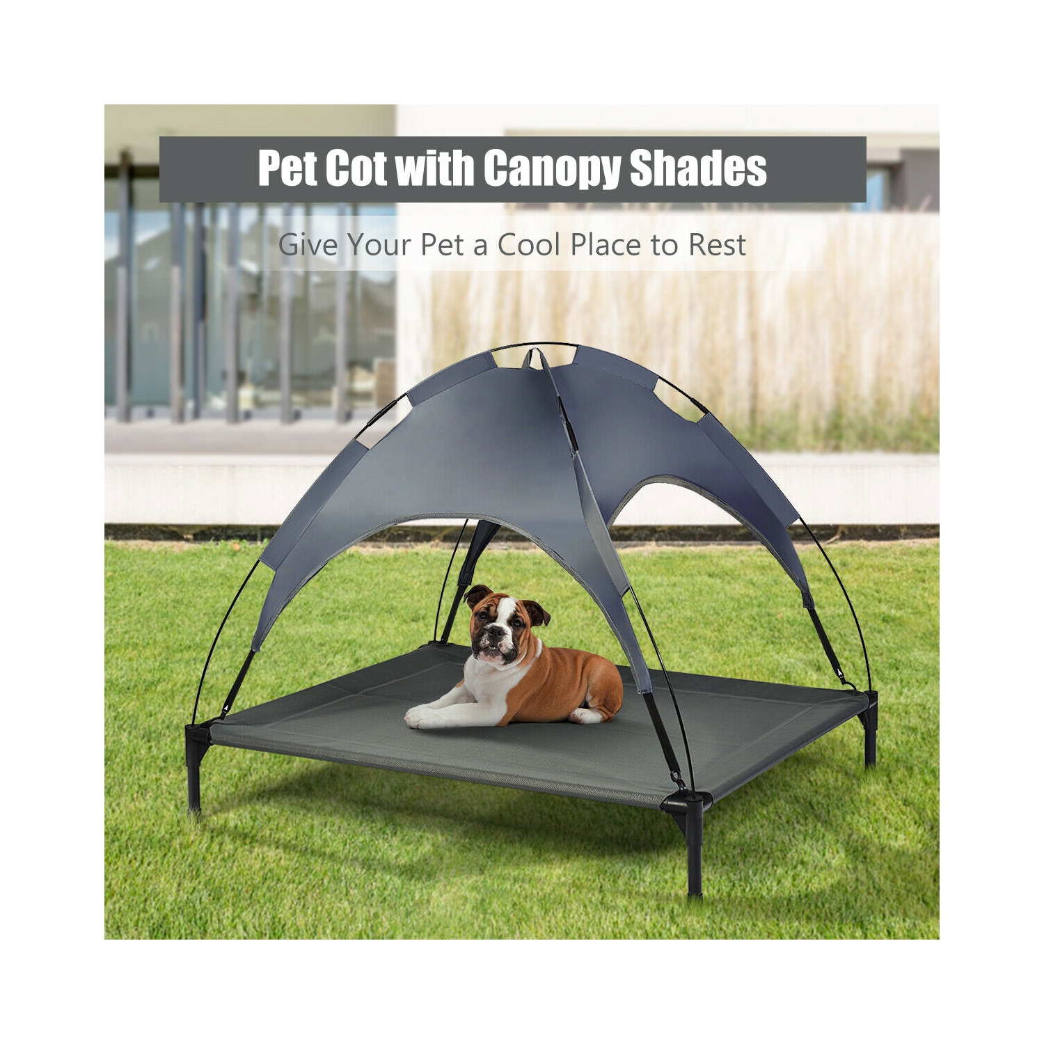 Gymax 42'' Portable Elevated Dog Cot Outdoor Cooling Pet Bed w/ Removable Canopy Shade