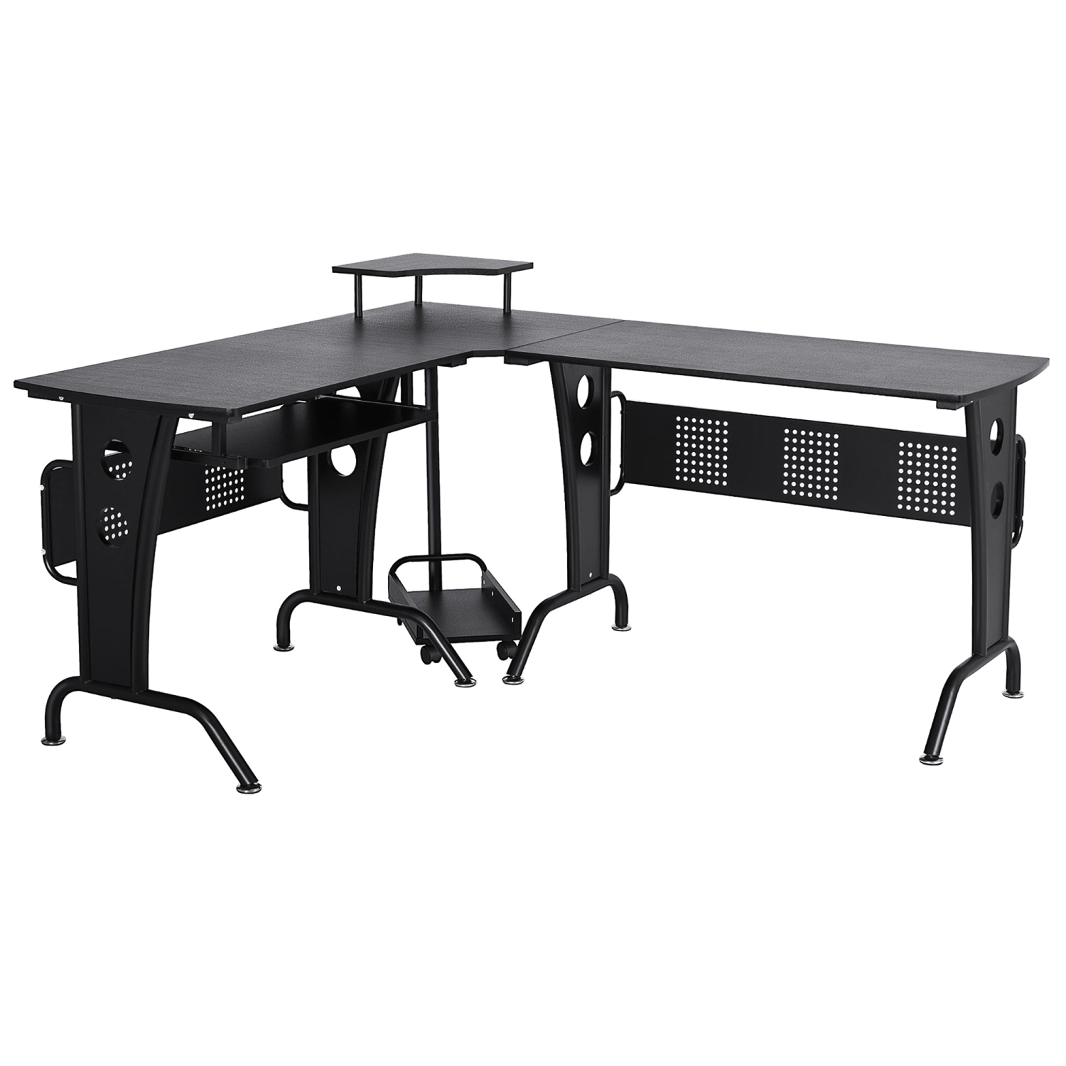 HOMCOM L-Shaped Computer Desk for PC, Corner Table for Small Spaces with Elevated Shelf, Keyboard Tray, CPU Stand, Home Office Workstation, Black