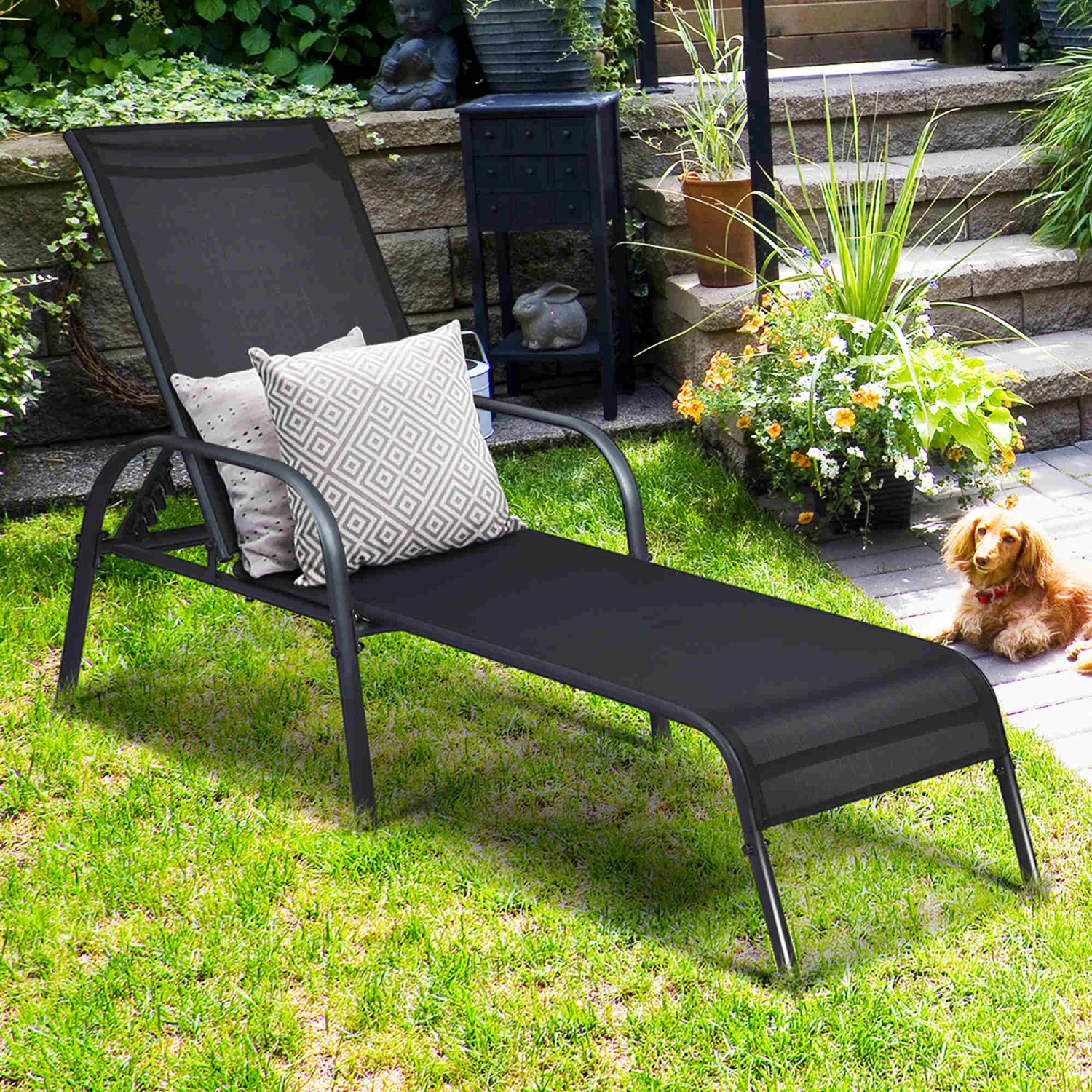 Costway Set of 2 Patio Lounge Chairs Sling Chaise Lounges Recliner Adjustable Back