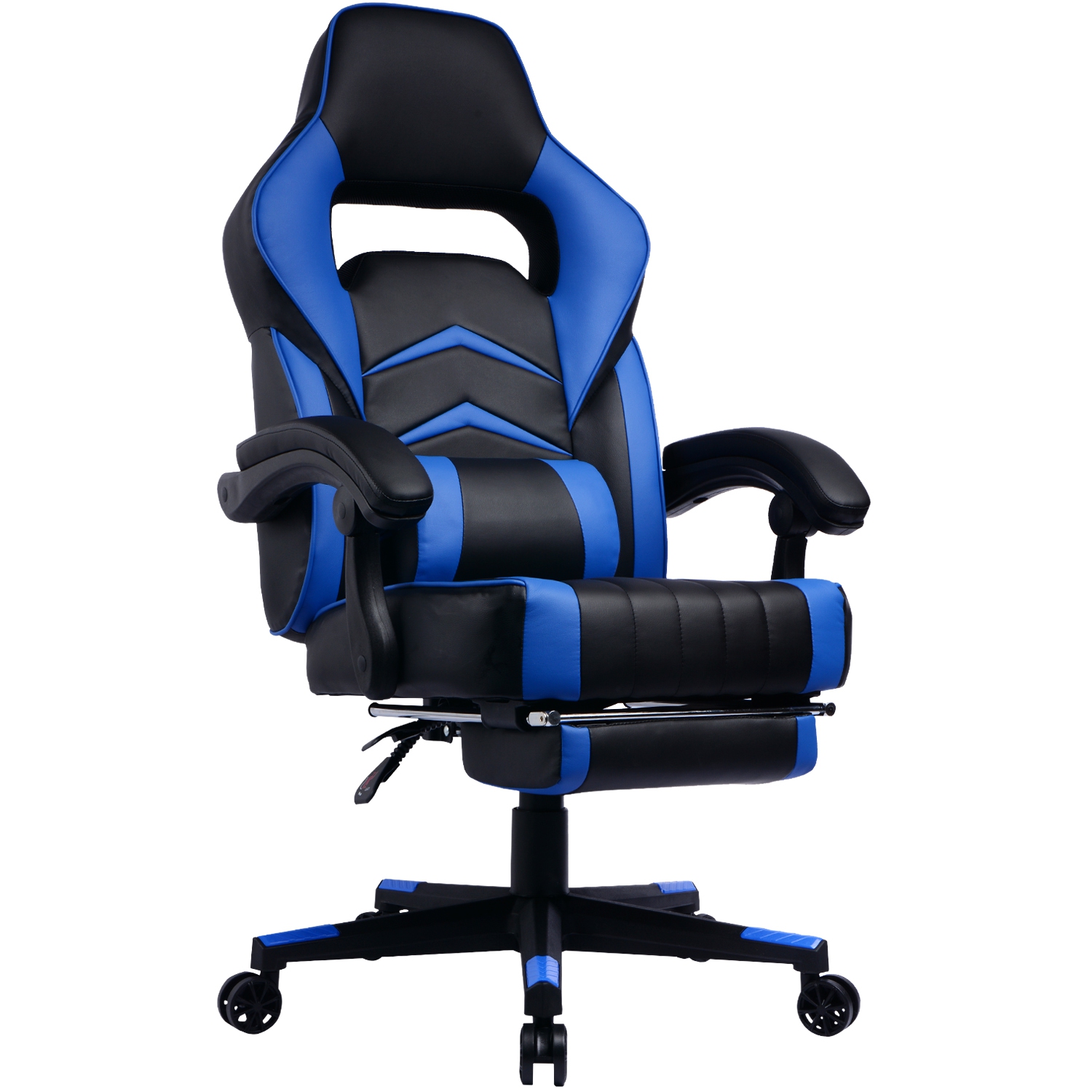 GamingChair Ergonomic PU Padded Leather Racing Gaming Chair with Extendable Footrest & Reclining Backrest (Blue)