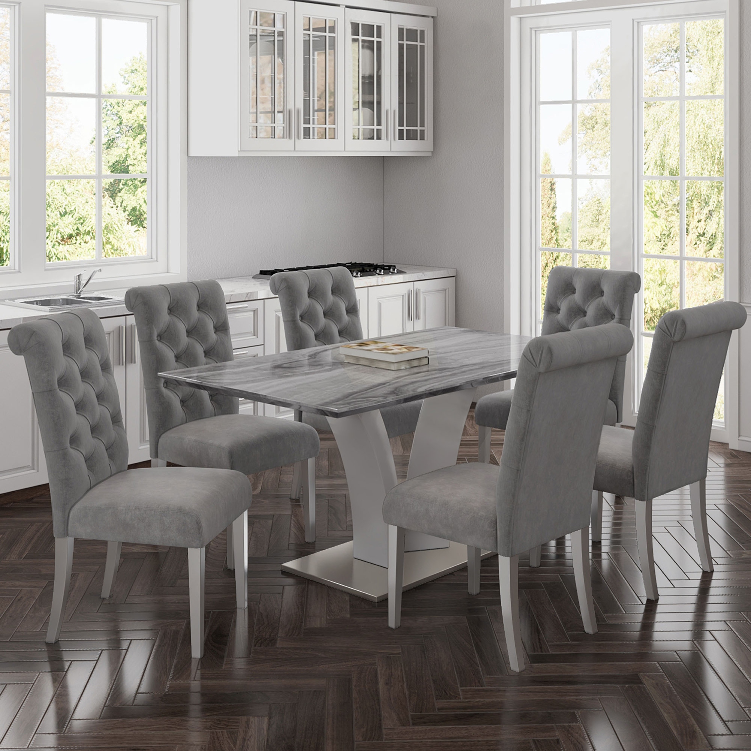 Viva Lifestyle Furiture 7PC DINING SET - GREY TABLE/GREY CHAIR