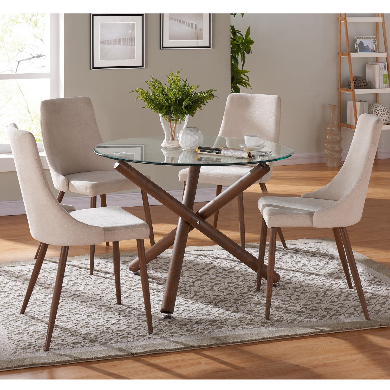 Viva Lifestyle Furiture 5PC DINING SET - WALNUT TABLE/BEIGE CHAIR