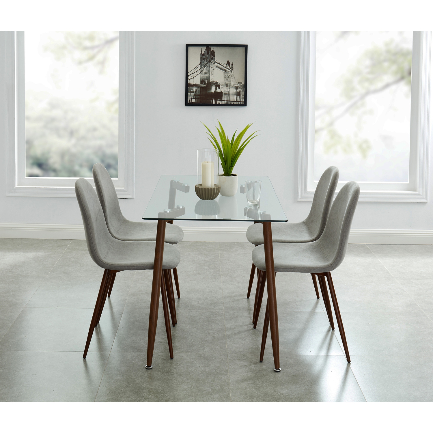 Viva Lifestyle Furniture 5pc Dining Set |Walnut Table:8mm Clear, Tempered Glass Top | Grey Chair:Mid-Century Modern Styling | Compact Design Perfect for Smaller Spaces