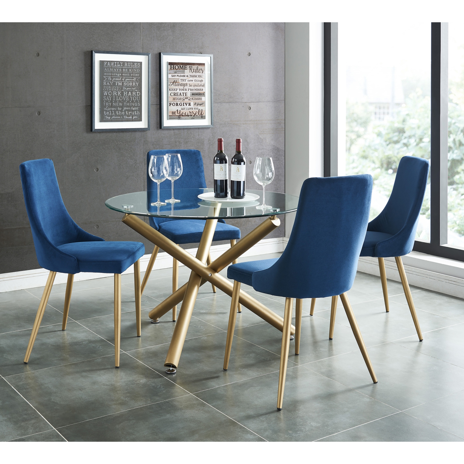 Viva Lifestyle Furiture 5PC DINING SET - GOLD TABLE/BLUE CHAIR