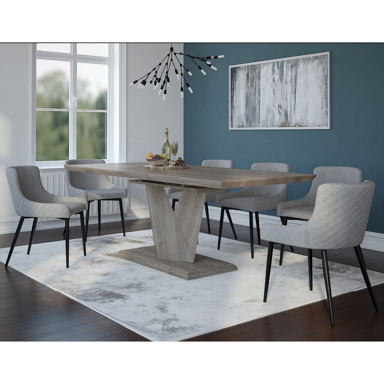Viva Lifestyle Furiture 7PC DINING SET - OAK TABLE/BLACK & GREY CHAIR