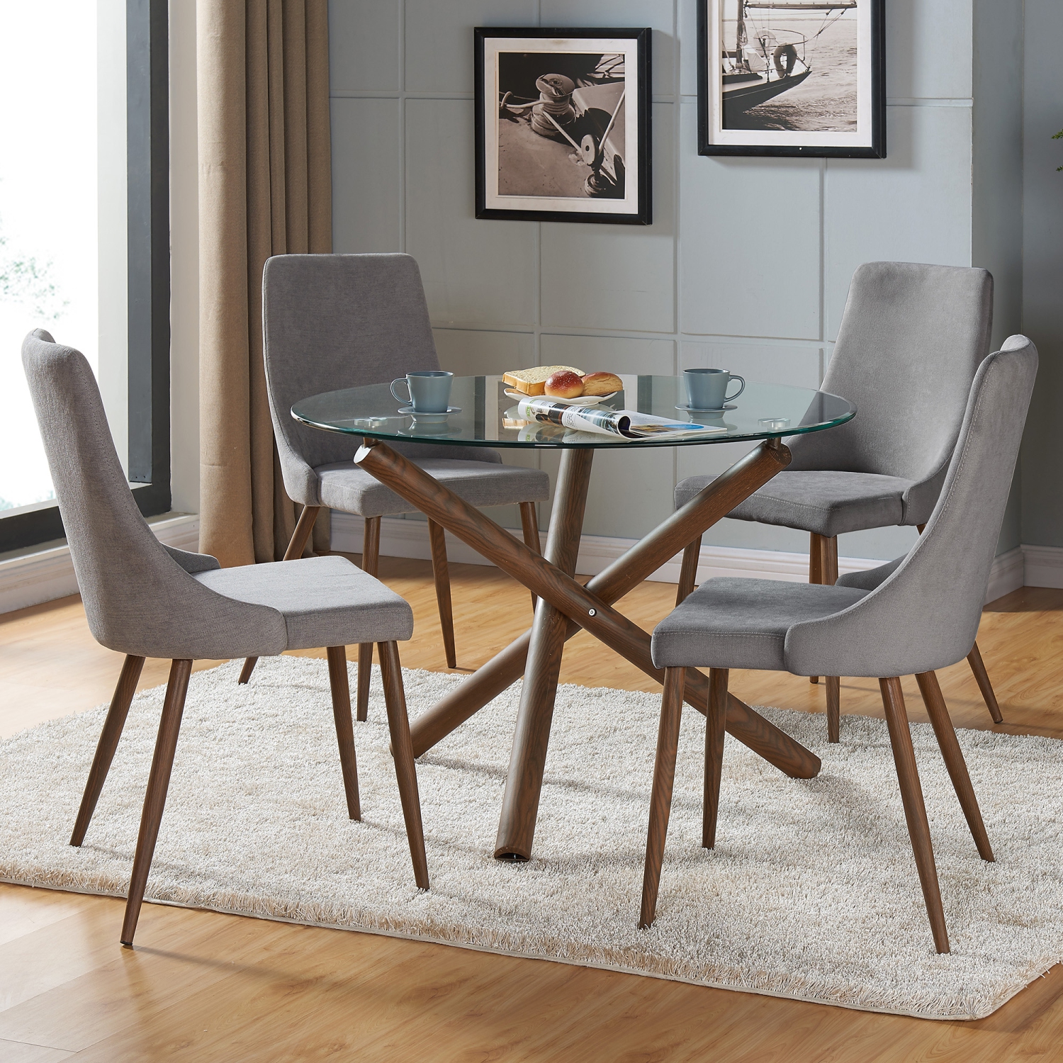 Viva Lifestyle Furiture 5PC DINING SET - WALNUT TABLE/GREY CHAIR
