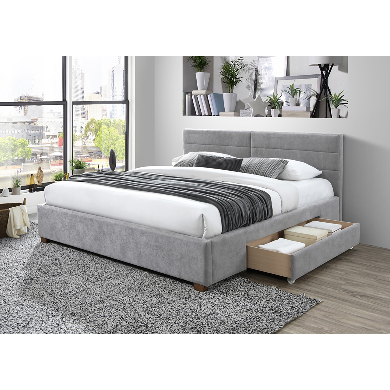 Viva Lifestyle Furiture 78" KING PLATFORM BED W/DRAWERS - LIGHT GREY