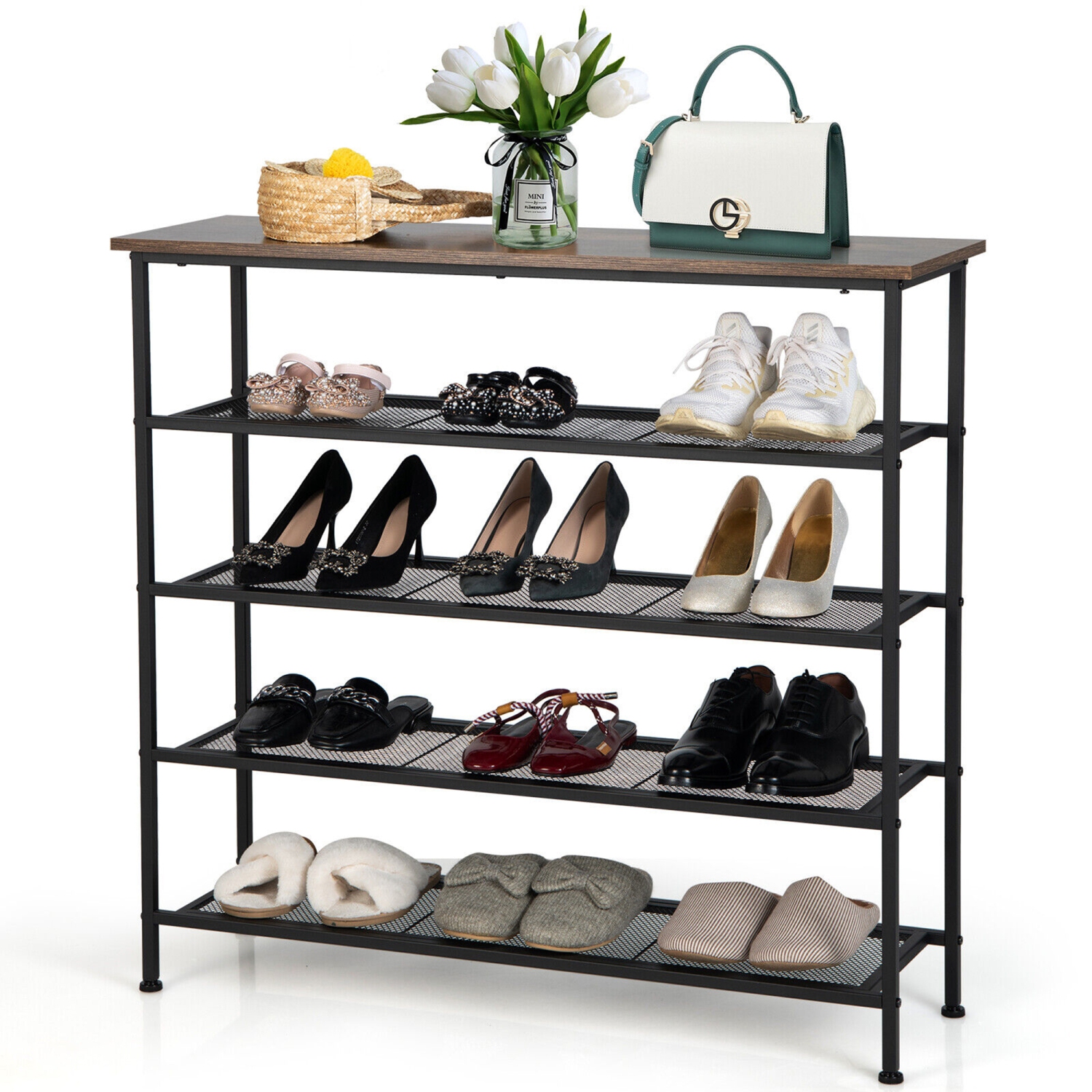 Gymax Shoe Rack 5-Tier Shoe Storage Organizer W/4 Metal Mesh Shelves for 16-20 Pairs