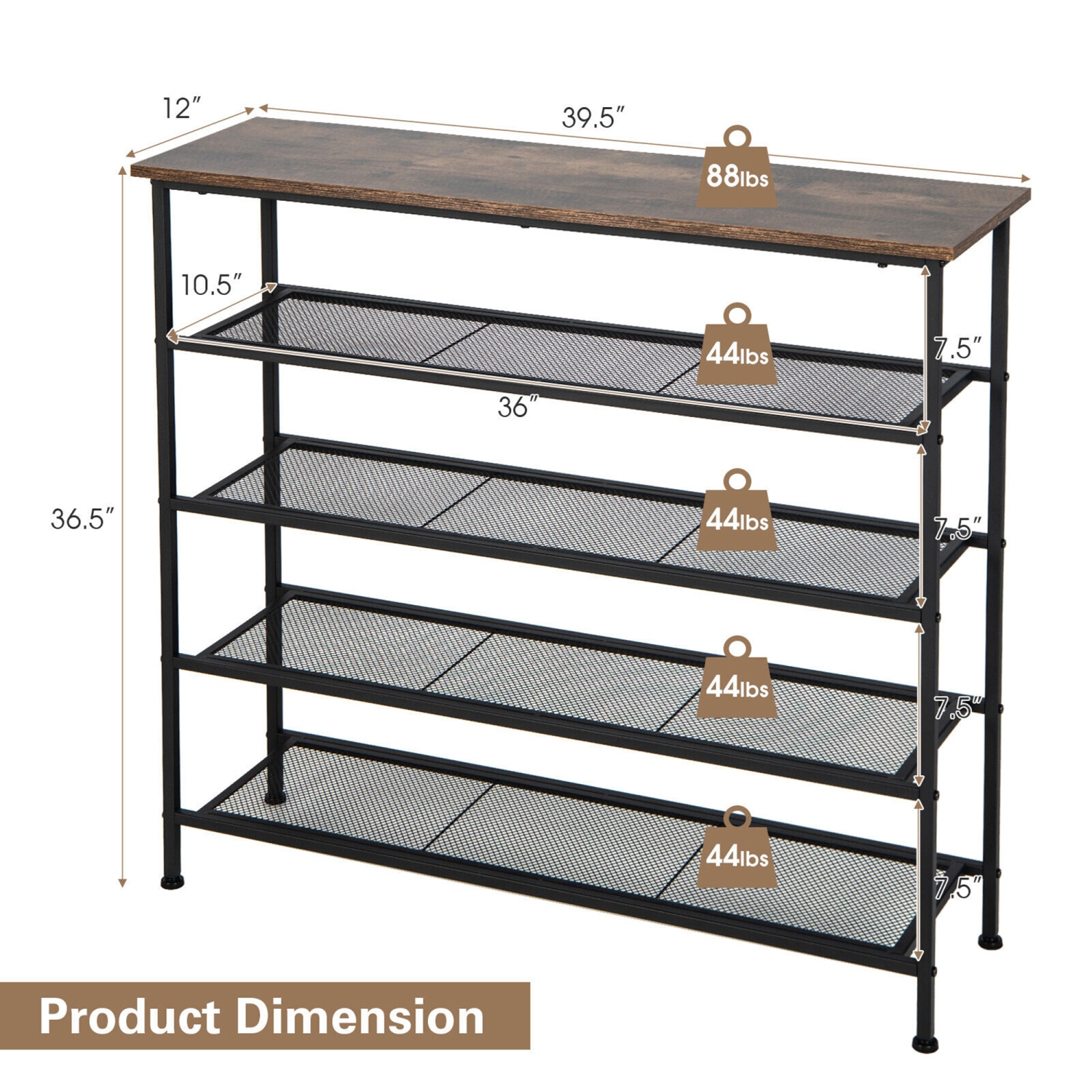 Gymax Shoe Rack 5-Tier Shoe Storage Organizer W/4 Metal Mesh Shelves for 16-20 Pairs