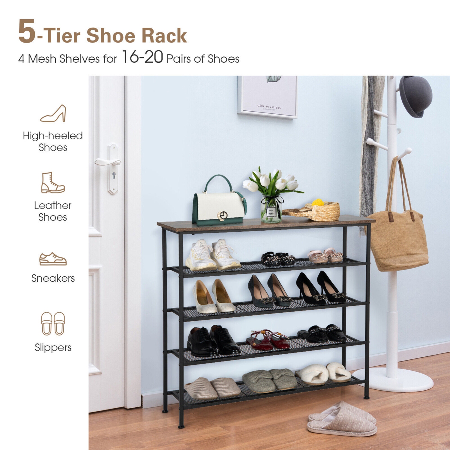 Gymax Shoe Rack 5-Tier Shoe Storage Organizer W/4 Metal Mesh Shelves for 16-20 Pairs