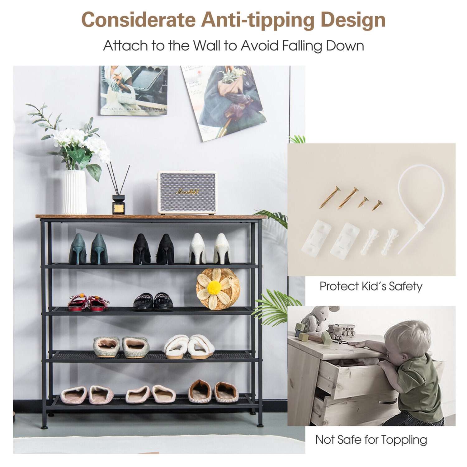 Gymax Shoe Rack 5-Tier Shoe Storage Organizer W/4 Metal Mesh Shelves for 16-20 Pairs