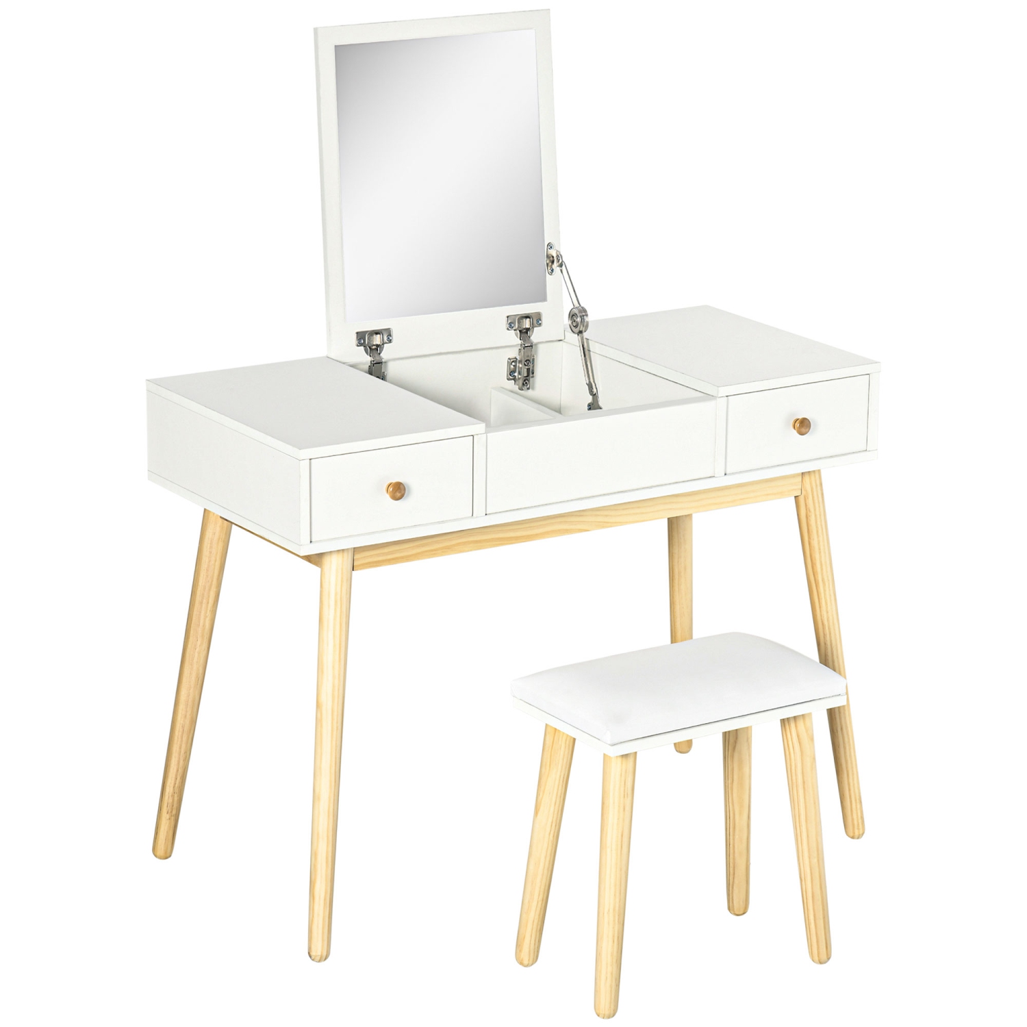 HOMCOM Dressing Table Set with Flip Top Mirror and Cushioned Stool, Makeup Vanity Dressing Table Writing Desk with 2 Drawers and Storage Grids for Bedroom, White