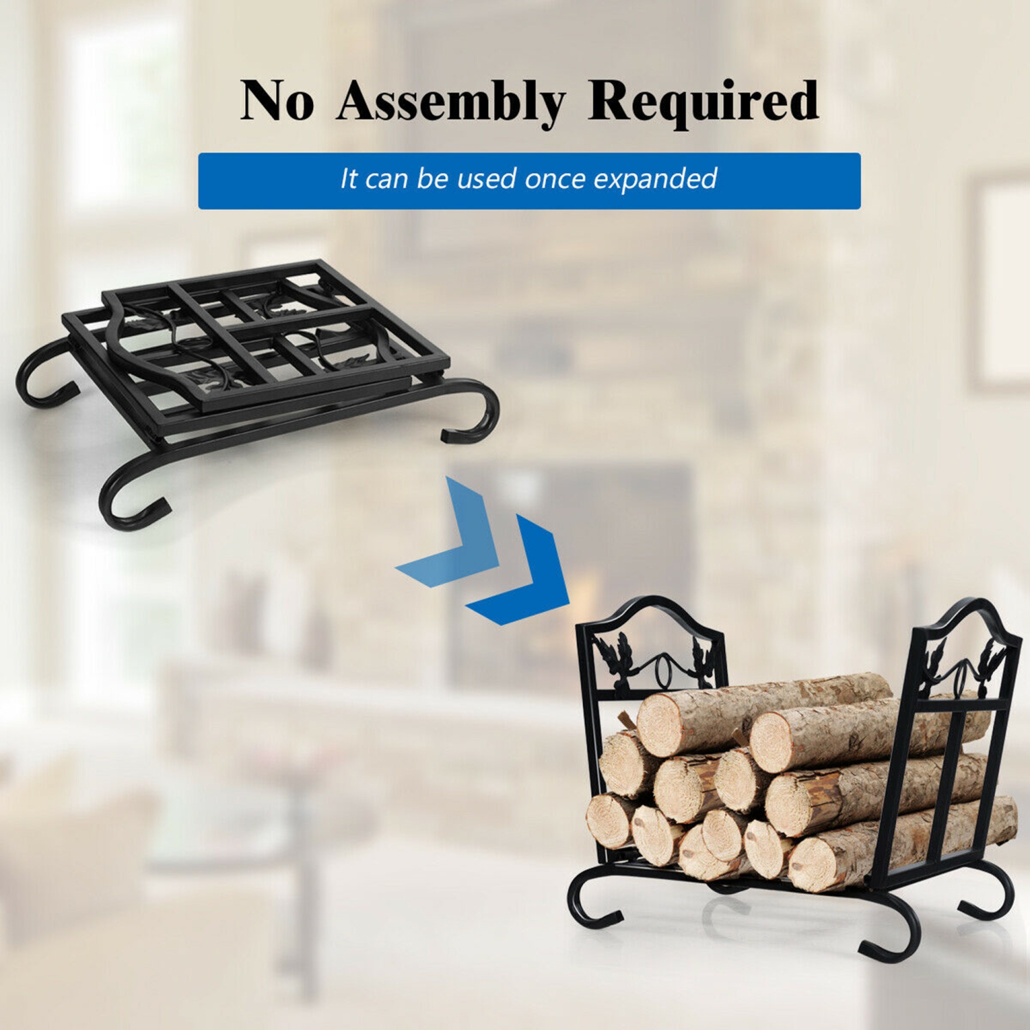 Gymax Foldable Firewood Log Rack Steel Wood Storage Holder for Fireplace Black