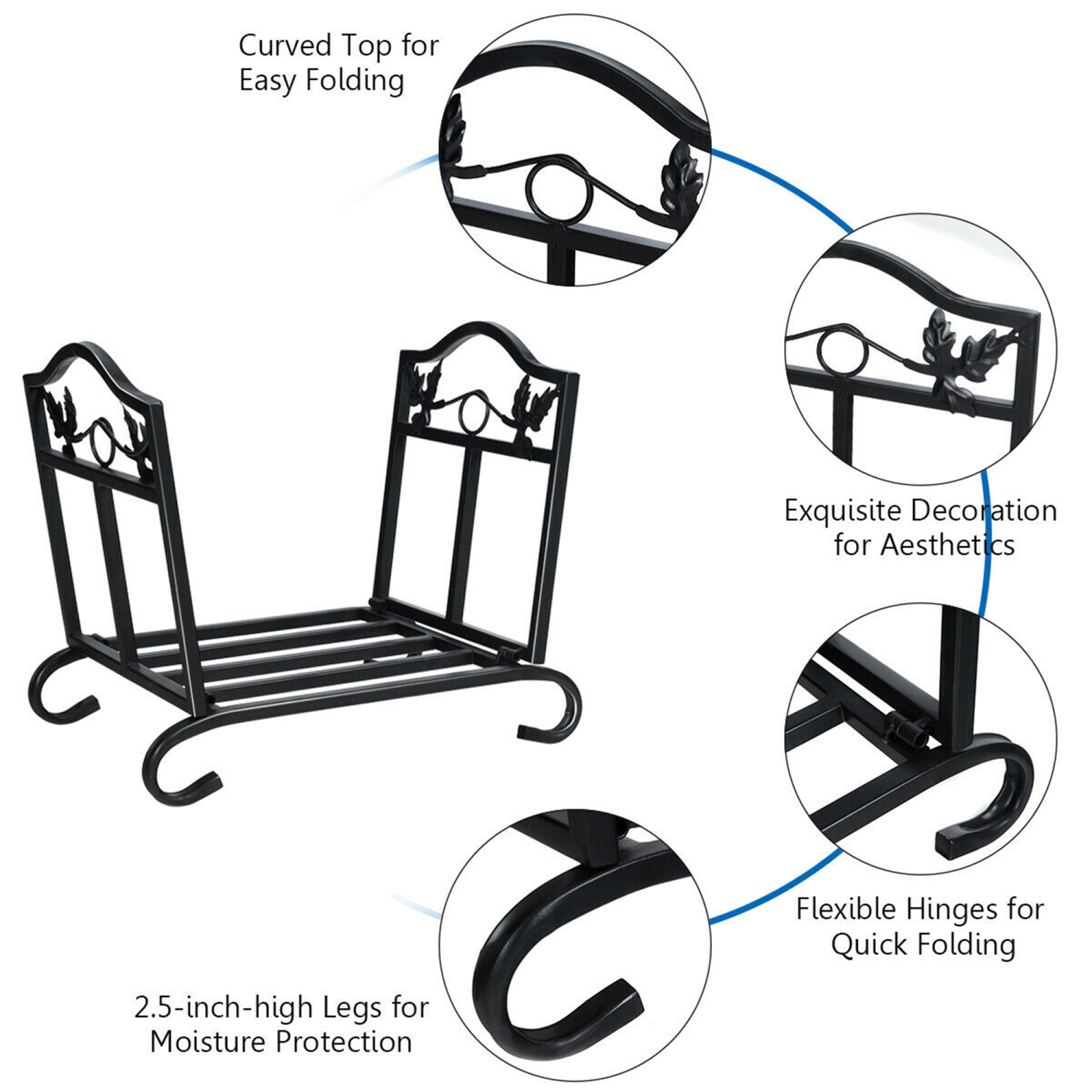 Gymax Foldable Firewood Log Rack Steel Wood Storage Holder for Fireplace Black