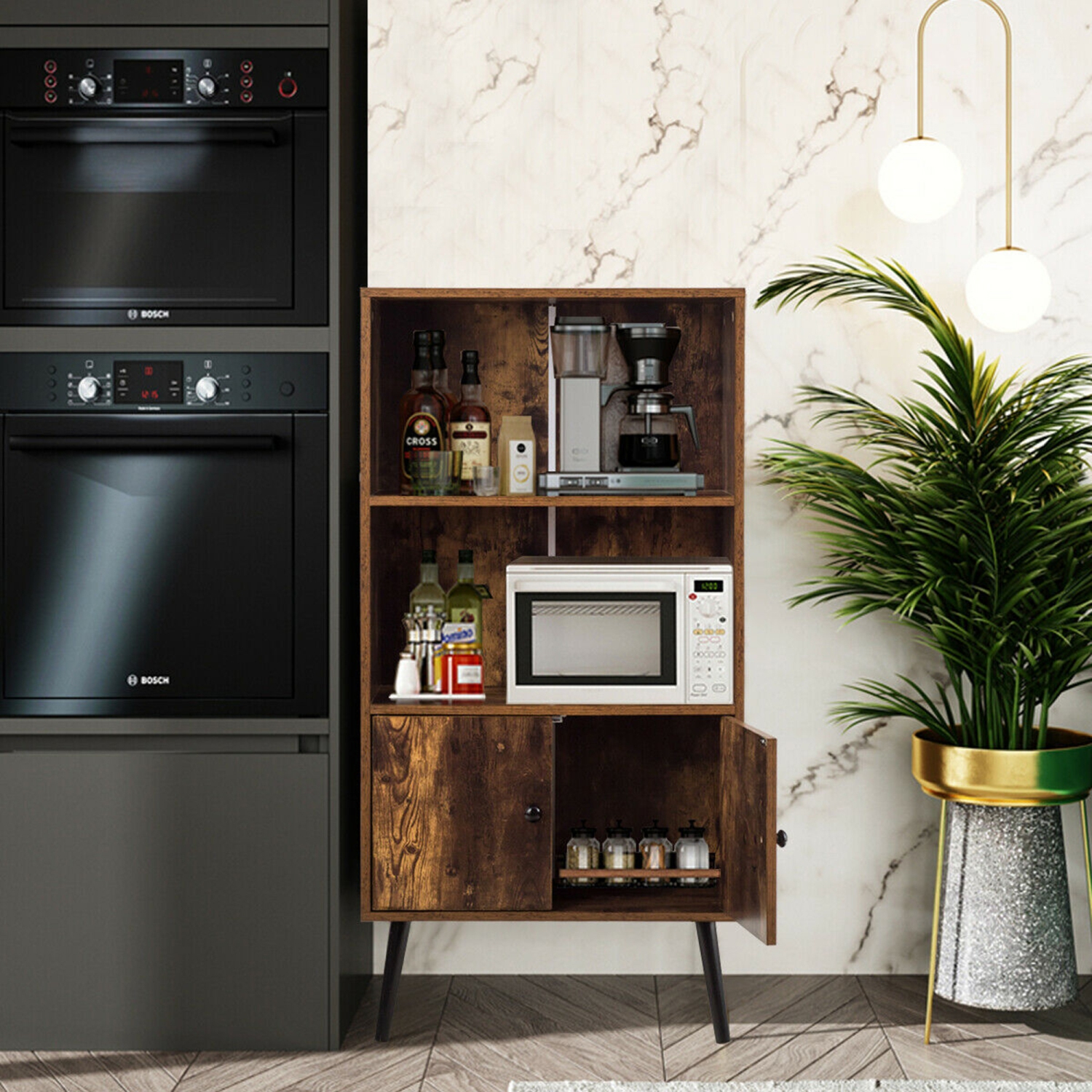 Gymax 2-Tier Retro Bookcase Bookshelf w/3 Compartment&2 Doors Industrial Cabinet