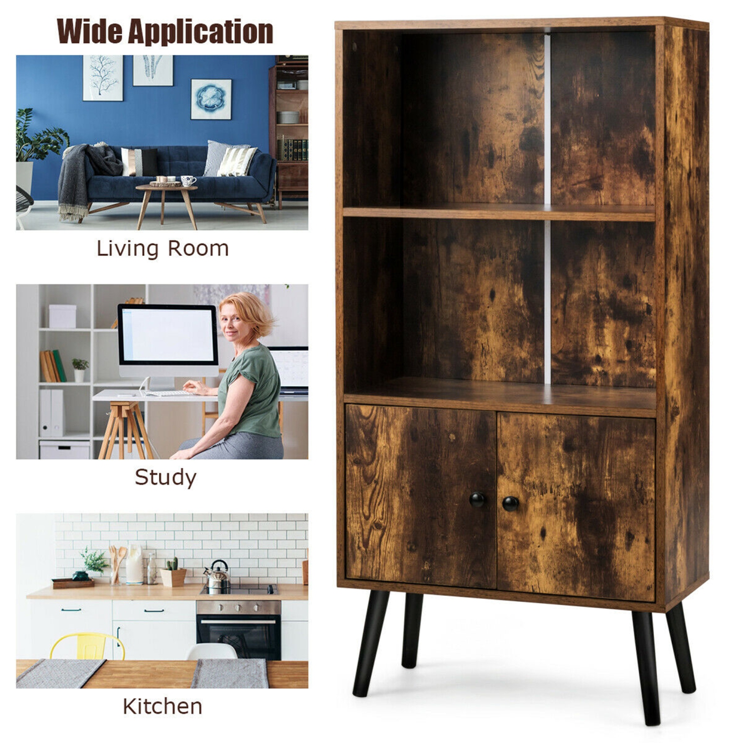 Gymax 2-Tier Retro Bookcase Bookshelf w/3 Compartment&2 Doors Industrial Cabinet