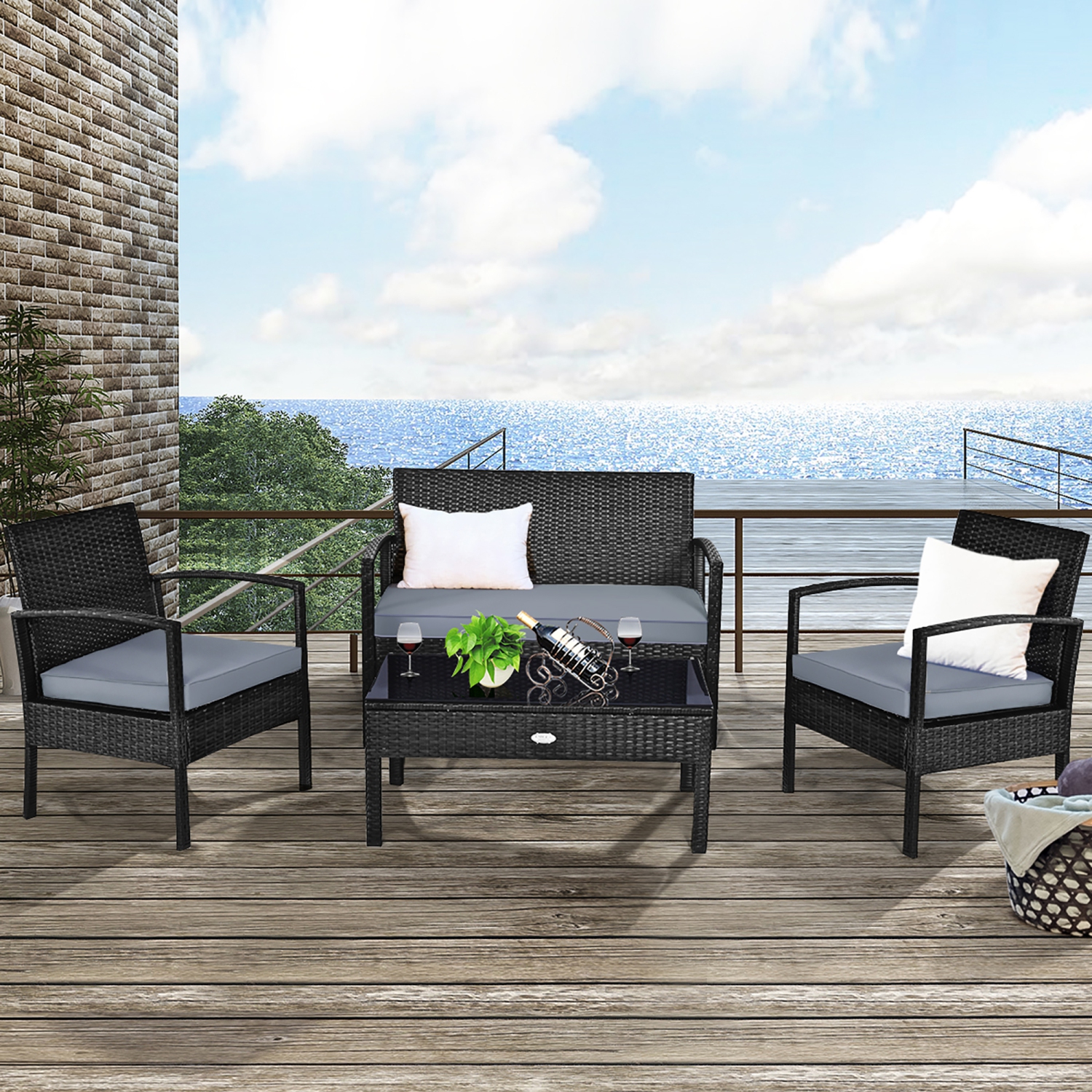 8PCS Ensemble de mobilier de patio en rotin Causeuse fauteuil Accoudoir Jardin Costway