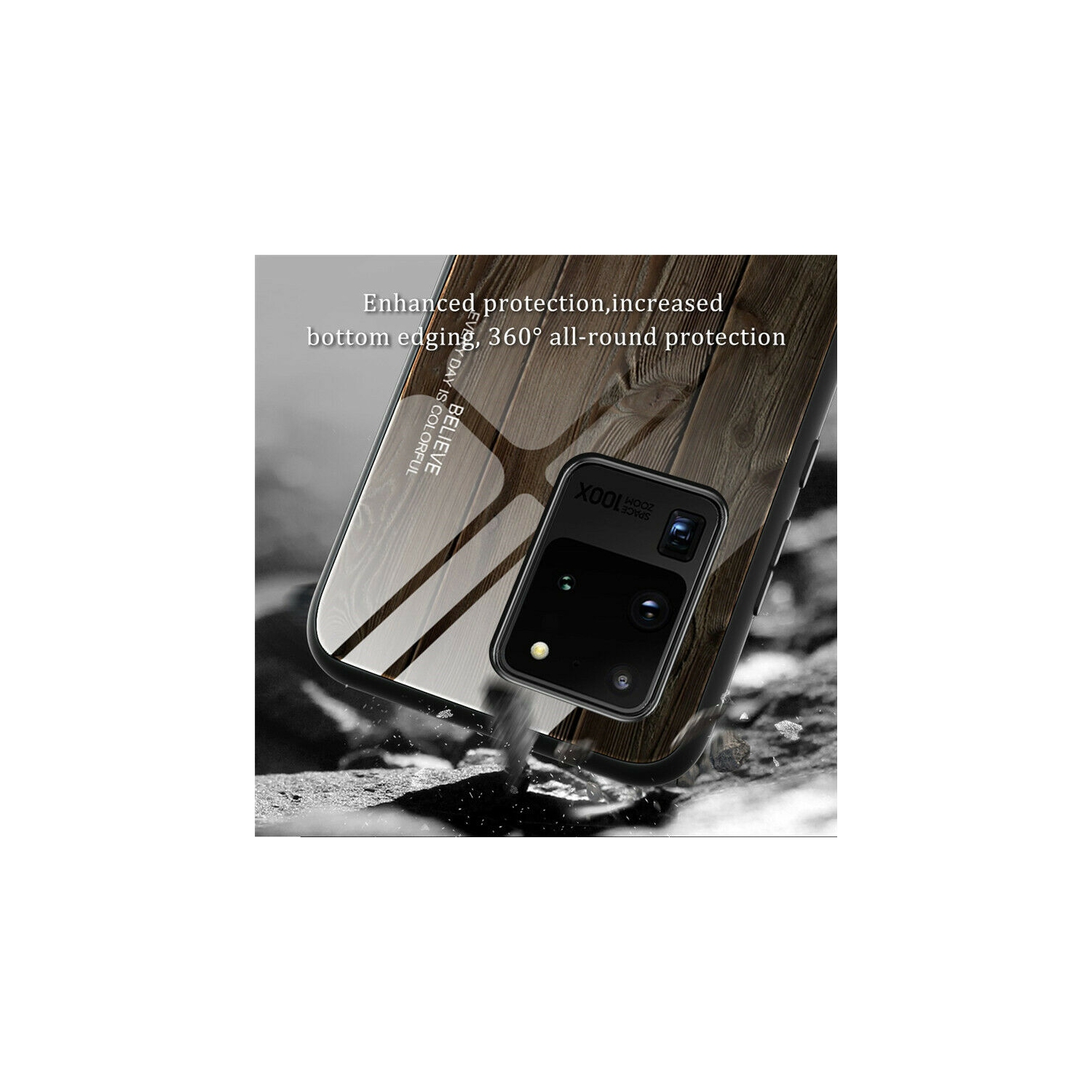 Tempered Glass Case Wood Grain Anti-Scratch Soft TPU Bumper Shockproof Cover for SAMSUNG Galaxy S20