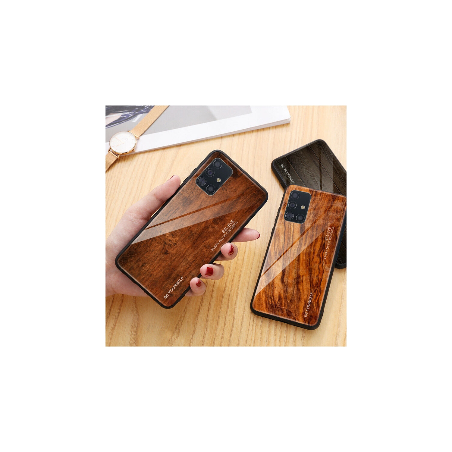 Coque en verre trempé Grain de bois de protection étui pour Samsung Galaxy S20 PLUS