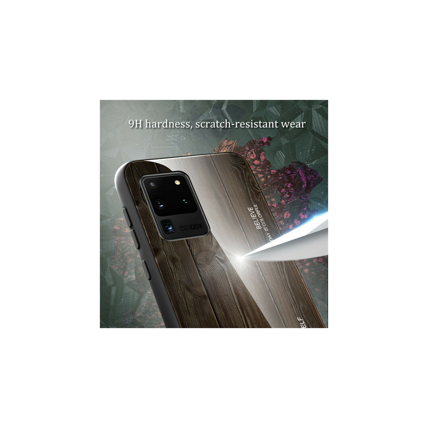 Coque en verre trempé Grain de bois de protection étui pour Samsung Galaxy S20 PLUS