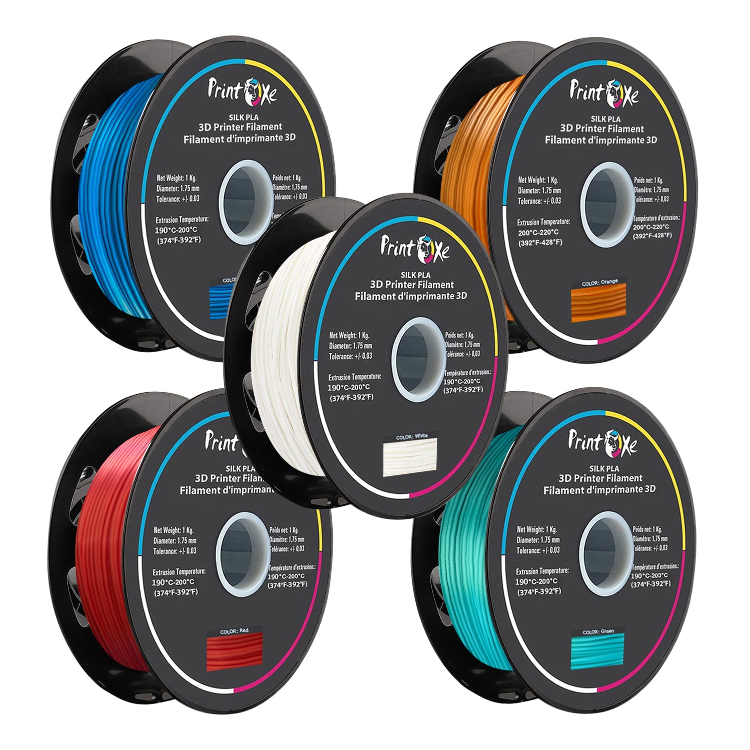 3D PLA limment LIK Filament 5 paquets de bleu Orange blanc rouge et vert couleurs 1.75 mm diamètre chacun poids 1 kg Net PRINTOXE® marque