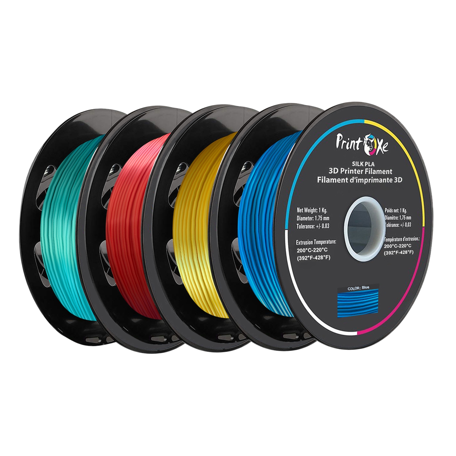 3D PLA limment LIK Filament 4 paquets de couleurs vert rouge-jaune bleu 1.75 mm de diamètre chacun poids 1 kg Net PRINTOXE® marque