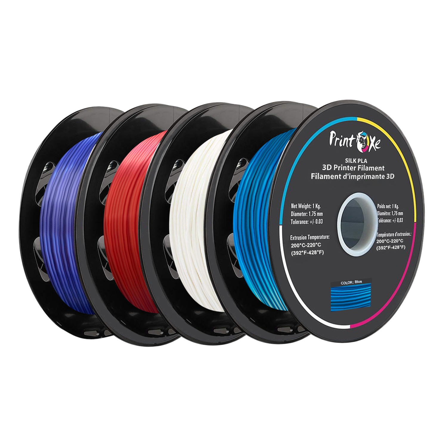 3D PLA limment LIK Filament paquets de 4 couleurs violet rouge-blanc bleu 1.75 mm de diamètre chacun poids 1 kg Net PRINTOXE® marque