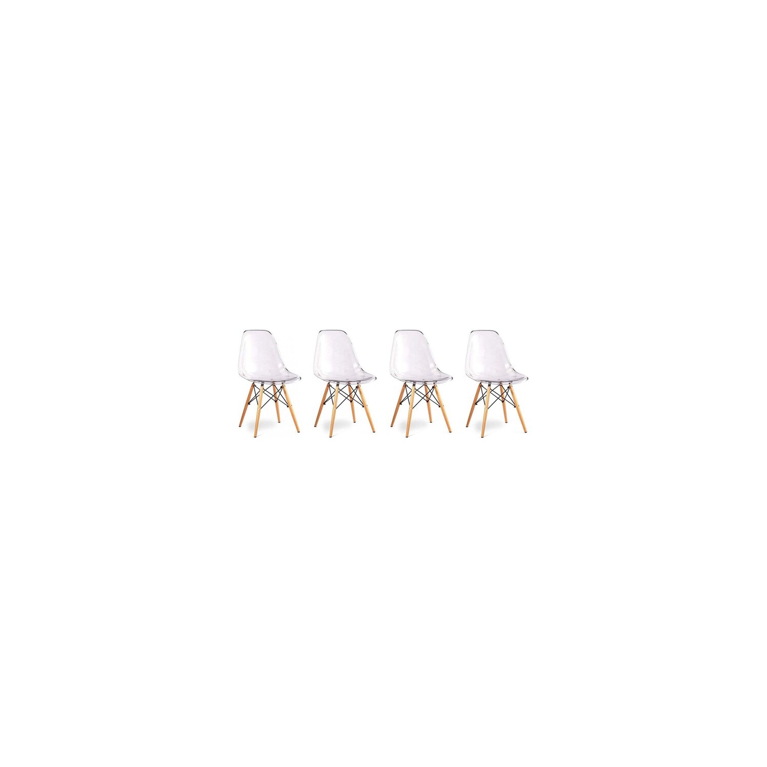 Nicer Furniture Set of Four Clear -Eames Style Side Chair with Natural Wood Legs Eiffel Dining Room Chair
