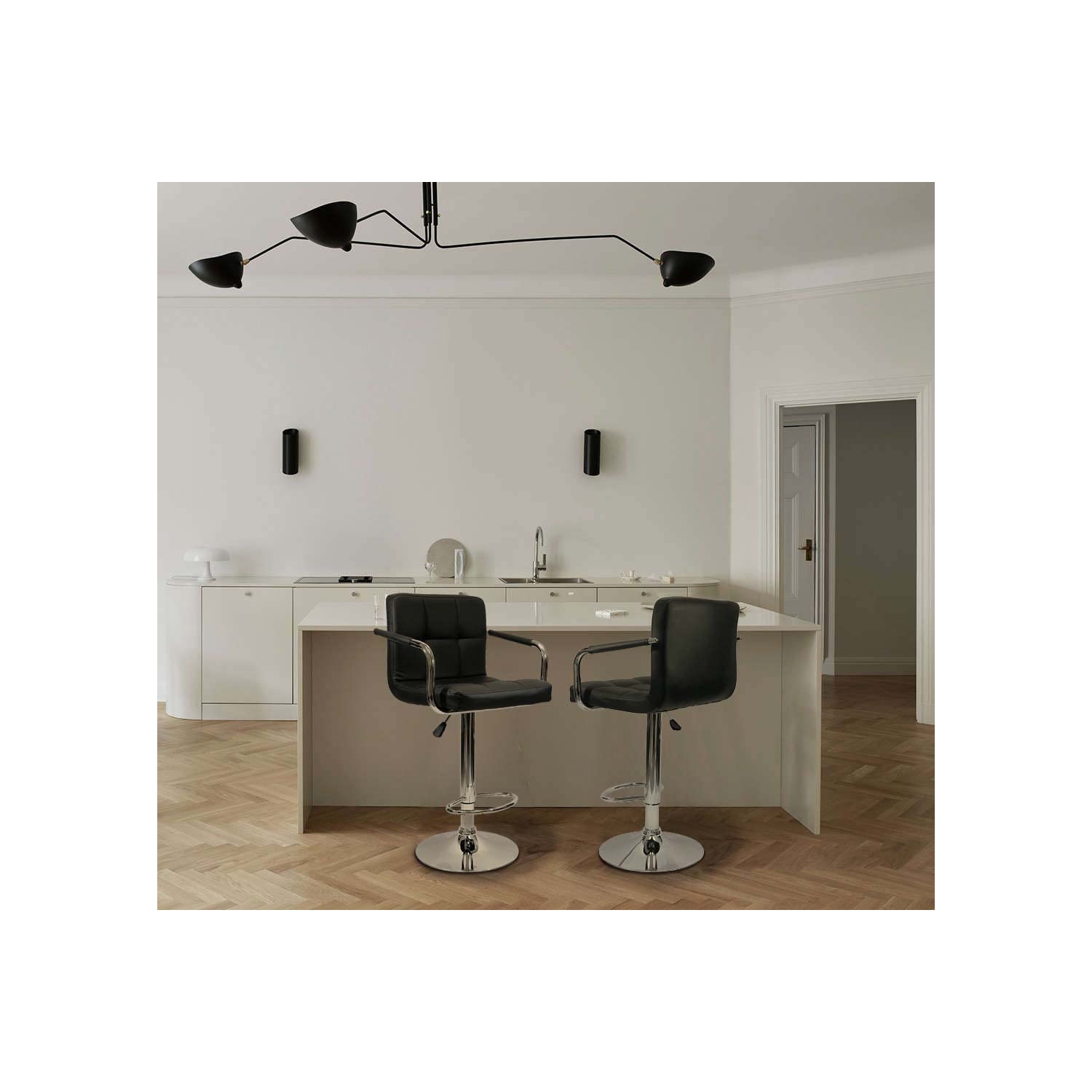 Meubles Hexagrid PU Nicer Hauteur Tabouret de bar réglable avec bras en noir - ensemble de 2