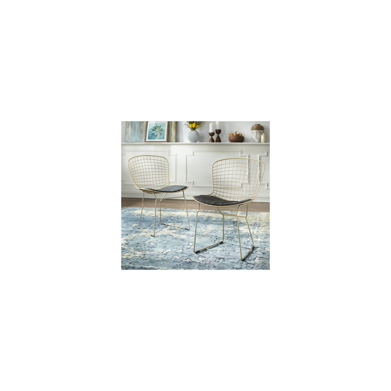 Nicer Furniture ® Set of 4 - Harry Bertoia Chromed Steel Wire Frame Side Chairs with Leatherette PU pad in Black