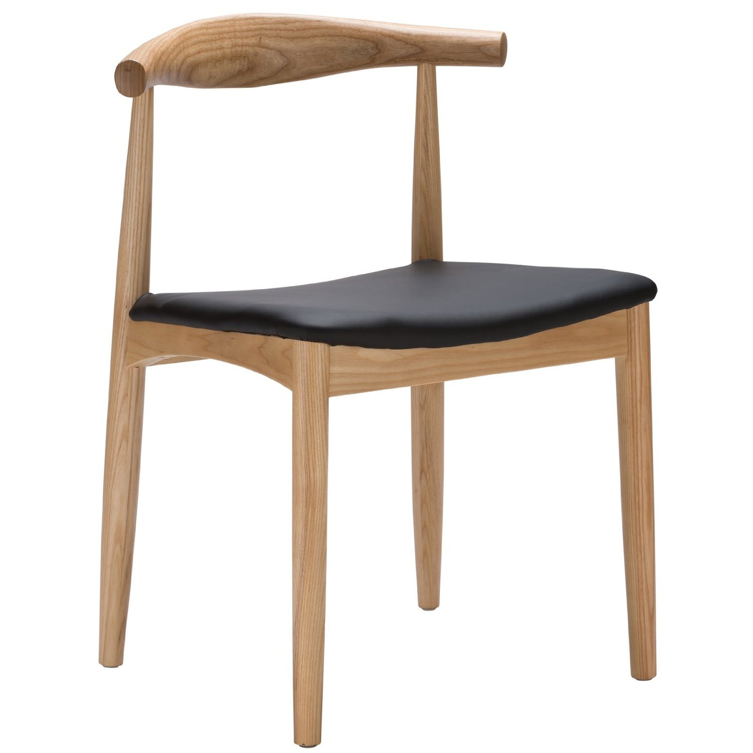 Hans Wegner Style Elbow Dining Chair, Black Leather PU Seat Cushion Natural Finish-1