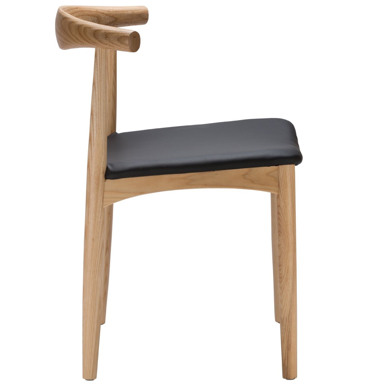 Hans Wegner Style Elbow Dining Chair, Black Leather PU Seat Cushion Natural Finish-1