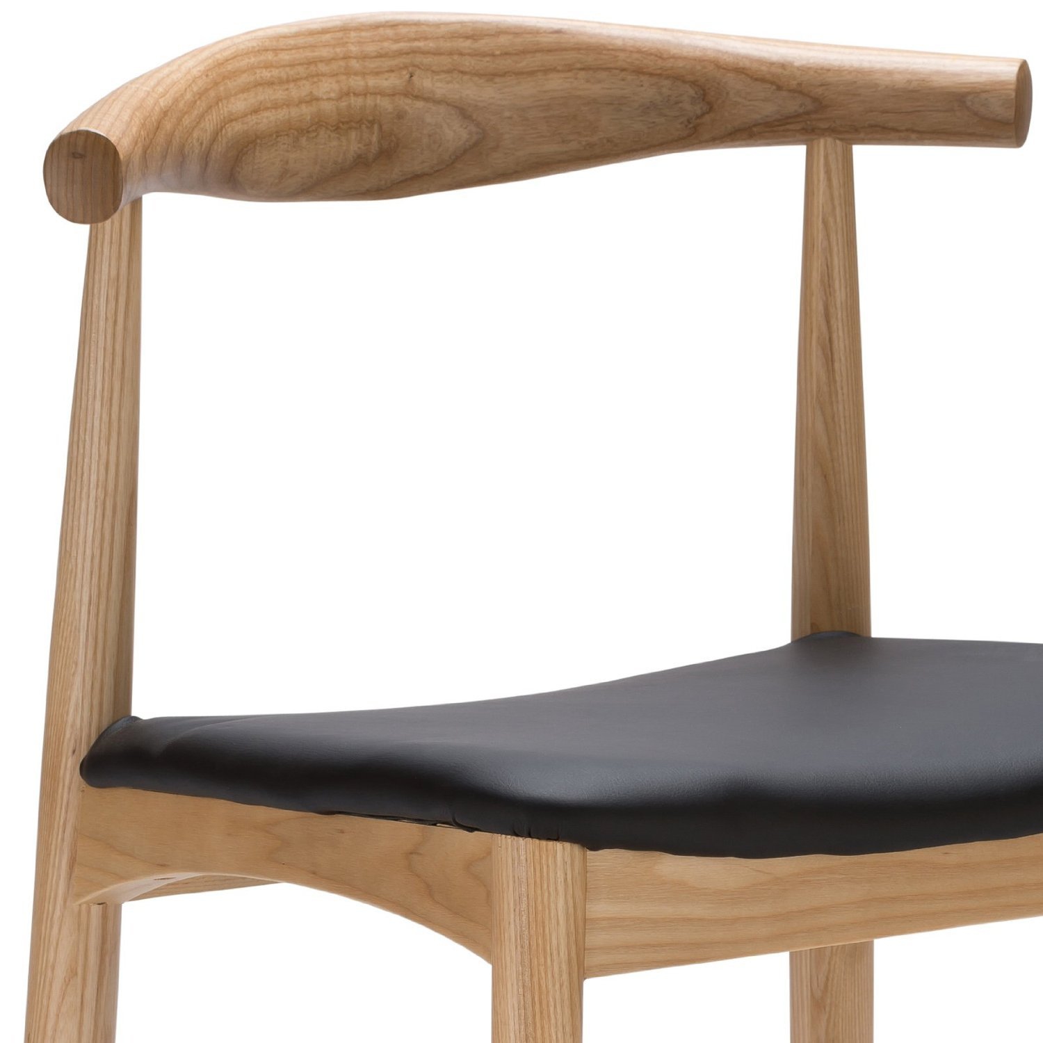 Hans Wegner Style Elbow Dining Chair, Black Leather PU Seat Cushion Natural Finish-1