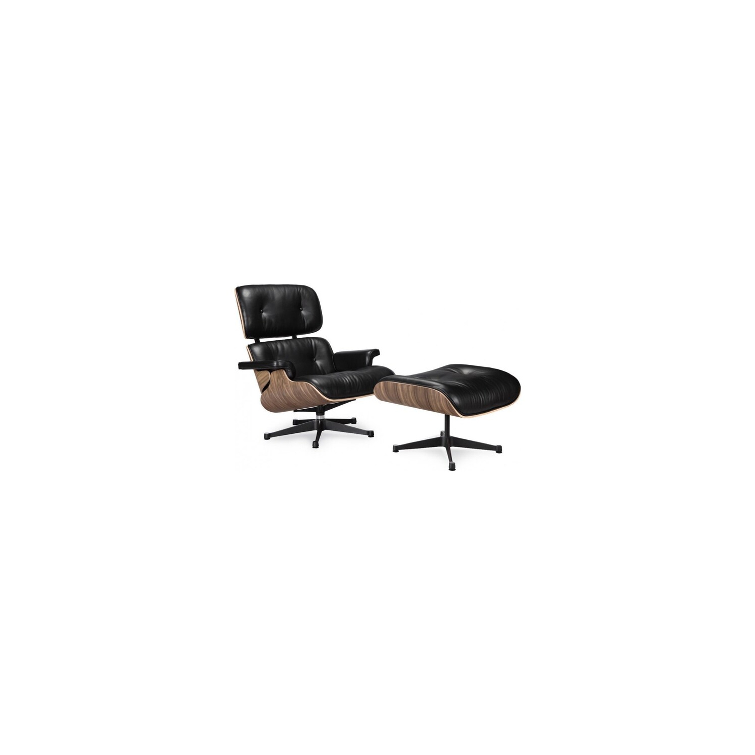 Nicer Furniture® Large Eames Lounge Chair and Ottoman Black 100% Italian Genuine Full Grain Leather with Walnut Wood Finish