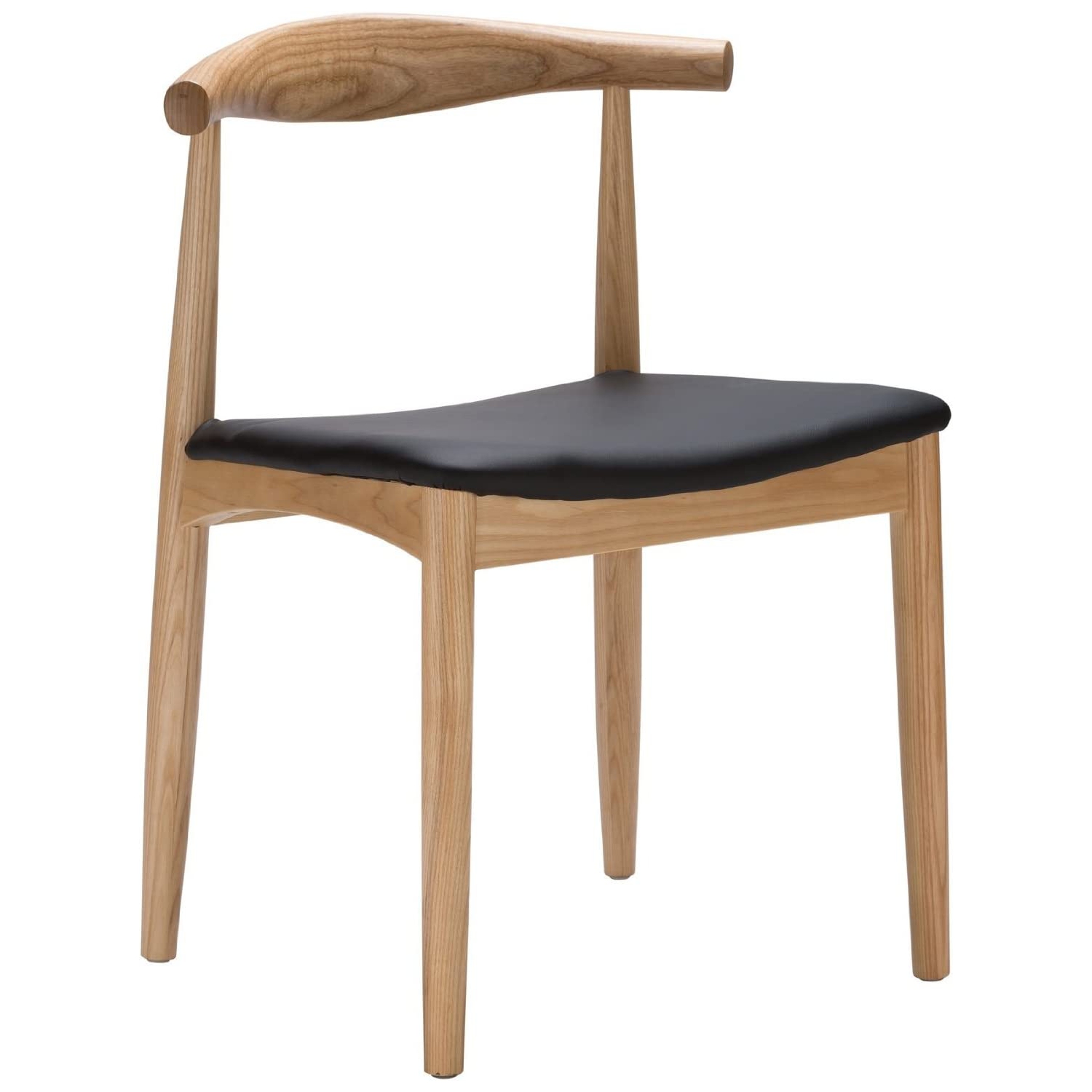 Hans Wegner Style Elbow Dining Chair, Black Faux Leather Natural Wood Frame, Set of 2