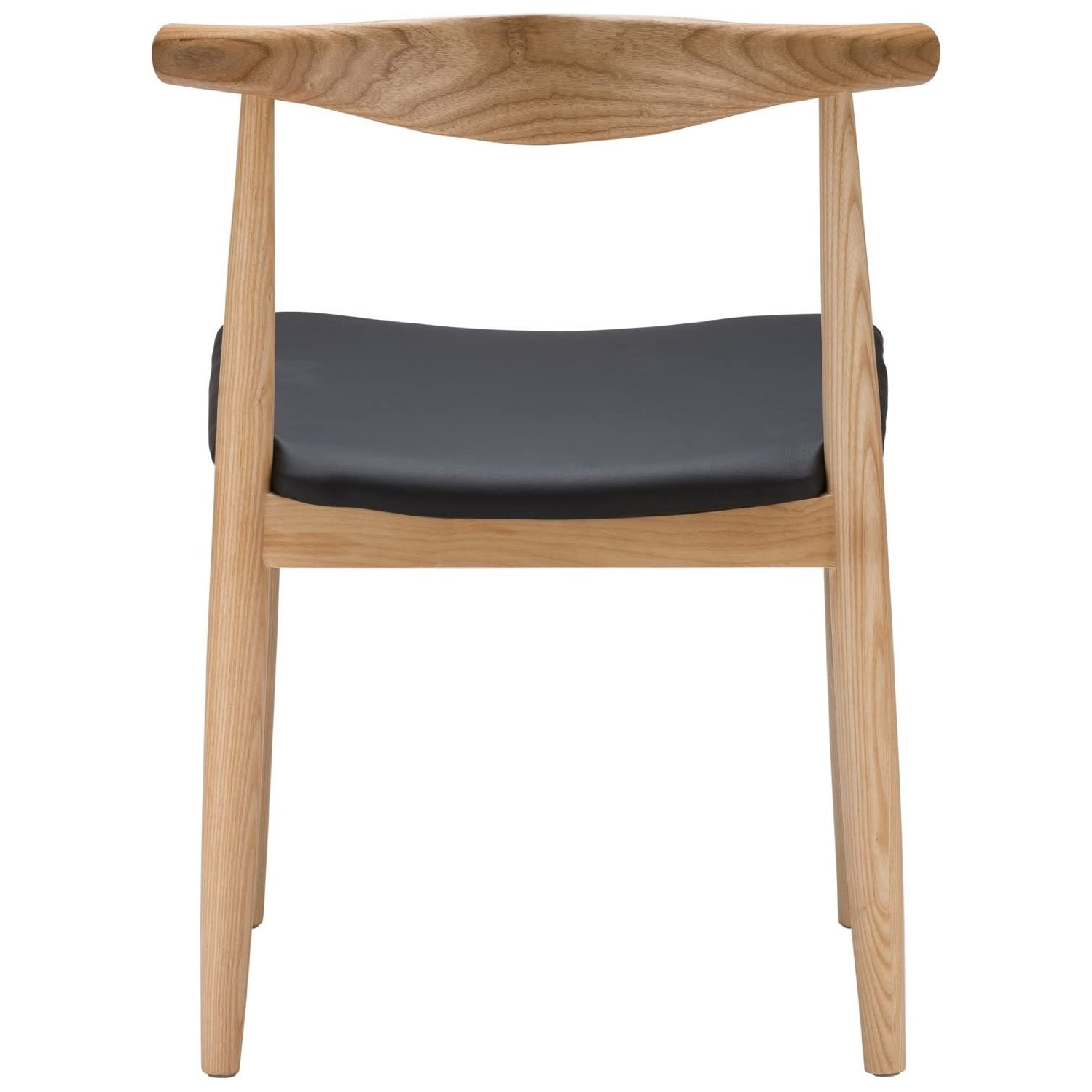 Hans Wegner Style Elbow Dining Chair, Black Faux Leather Natural Wood Frame, Set of 2