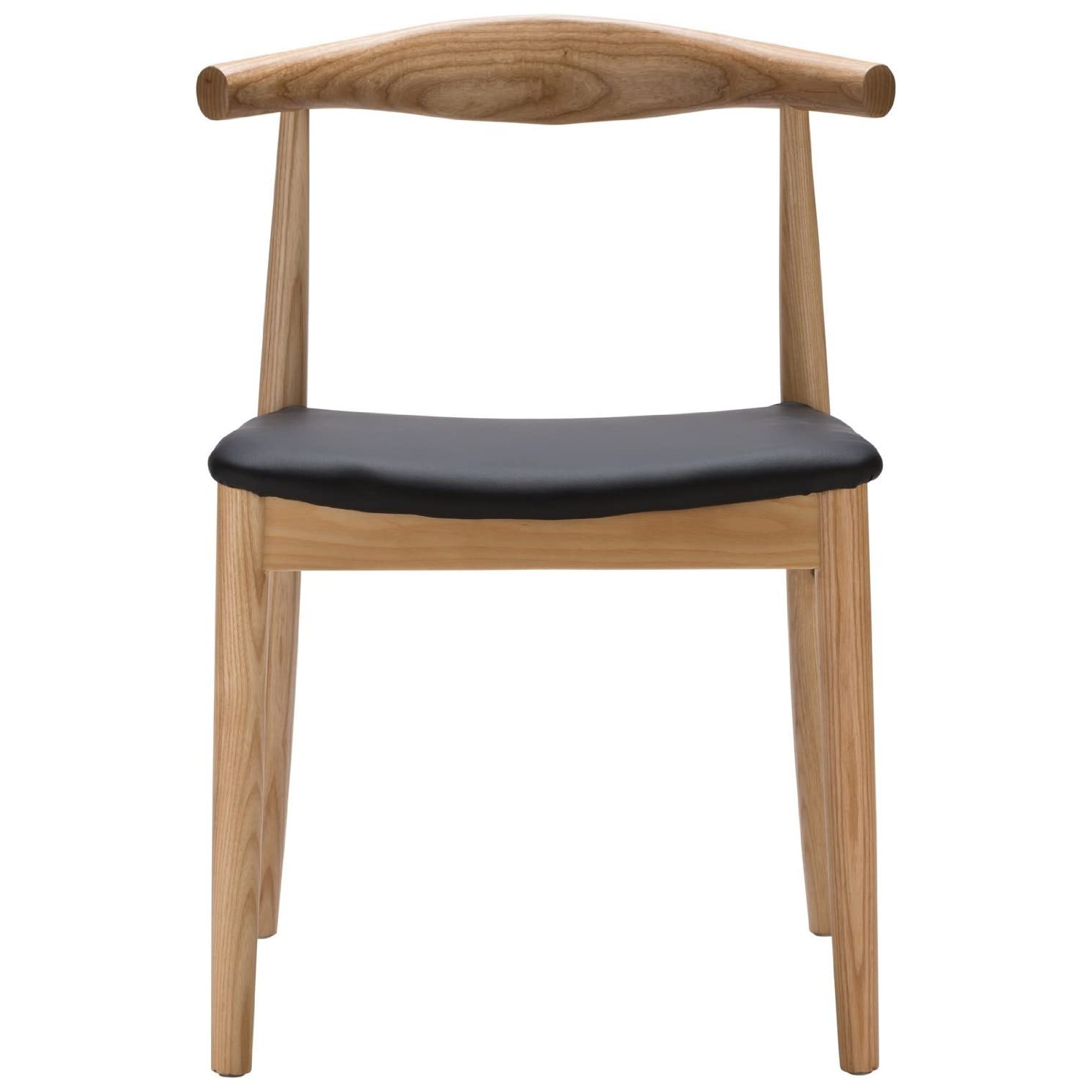 Hans Wegner Style Elbow Dining Chair, Black Faux Leather Natural Wood Frame, Set of 2