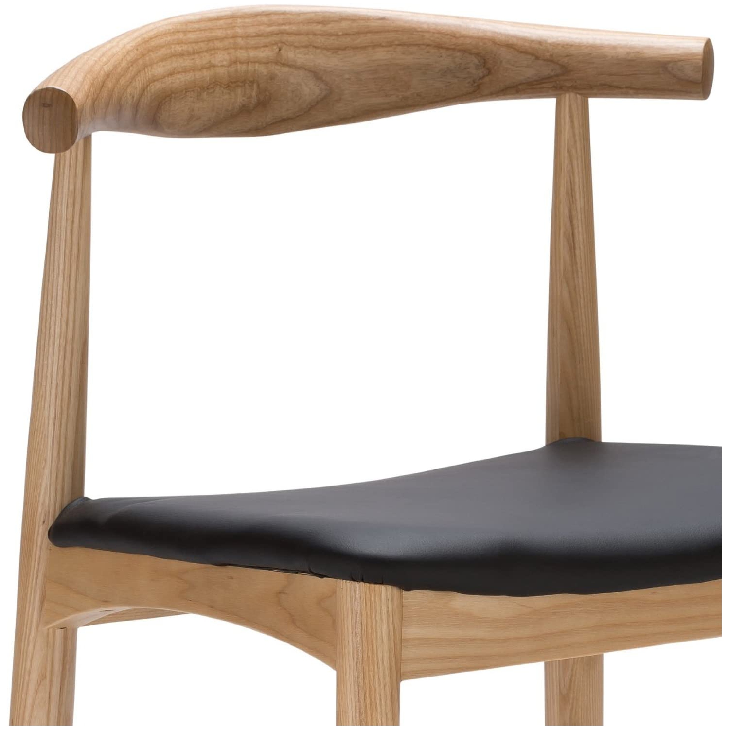 Hans Wegner Style Elbow Dining Chair, Black Faux Leather Natural Wood Frame, Set of 2