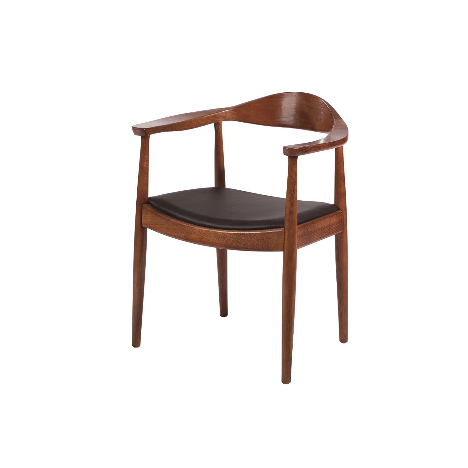 Hans Wegner Presidential Round Dining Arm Chair-Wood Frame with Black PU Seat Cushion Walut Finish-2