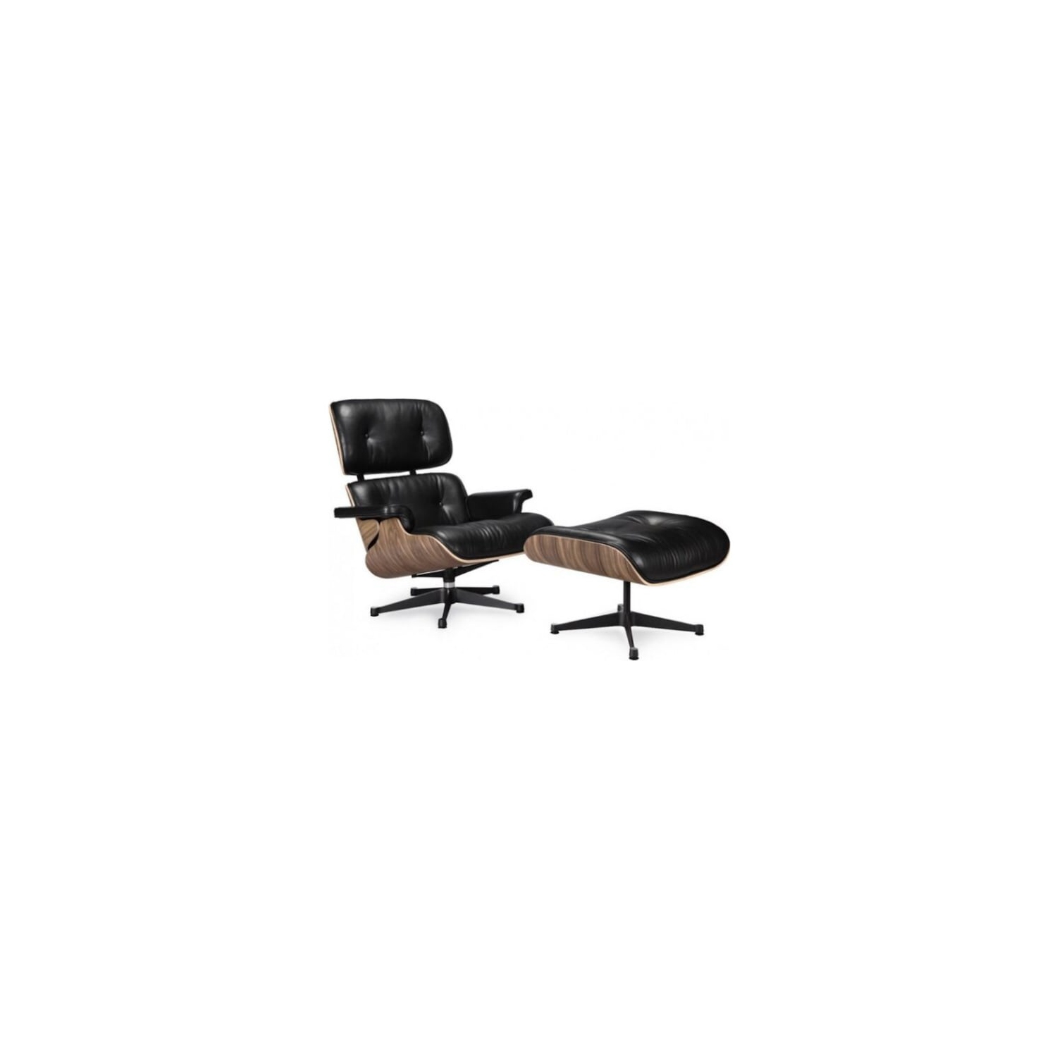 Eames Lounge Chair and Ottoman Black 100% Italian Genuine Full Grain Leather with Walnut Wood Finish