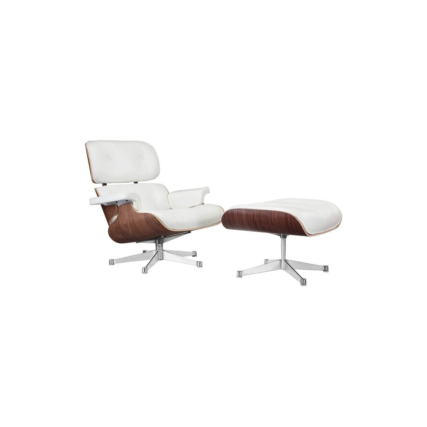 Nicer Furniture® Mid-century Modern Lounge Chair and Ottoman, 100% Italian Genuine Full Grain, White Leather with Rosewood Wood Finish