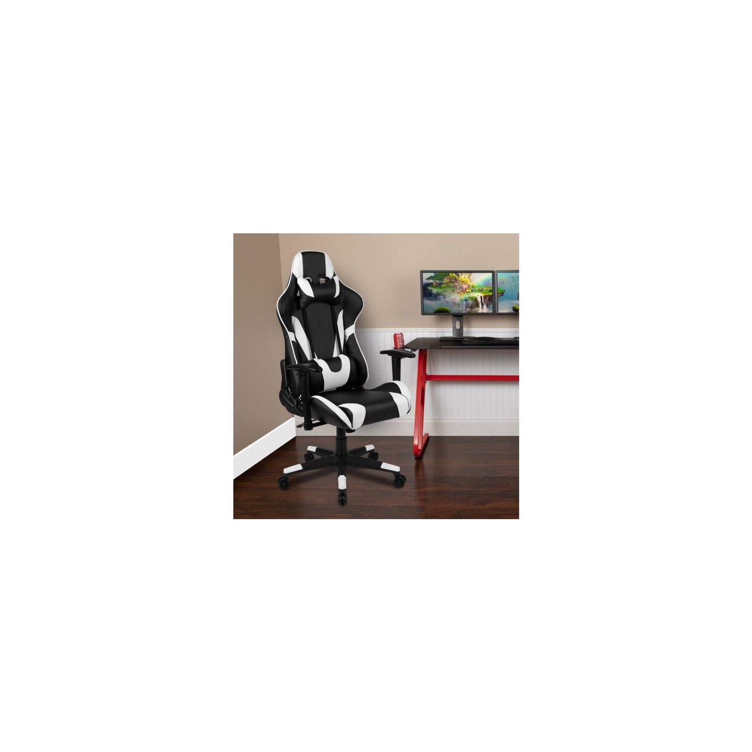 Nicer Furniture Ergonomic Racing Gaming Chair with Head Cushions and Adjustable Armrest White
