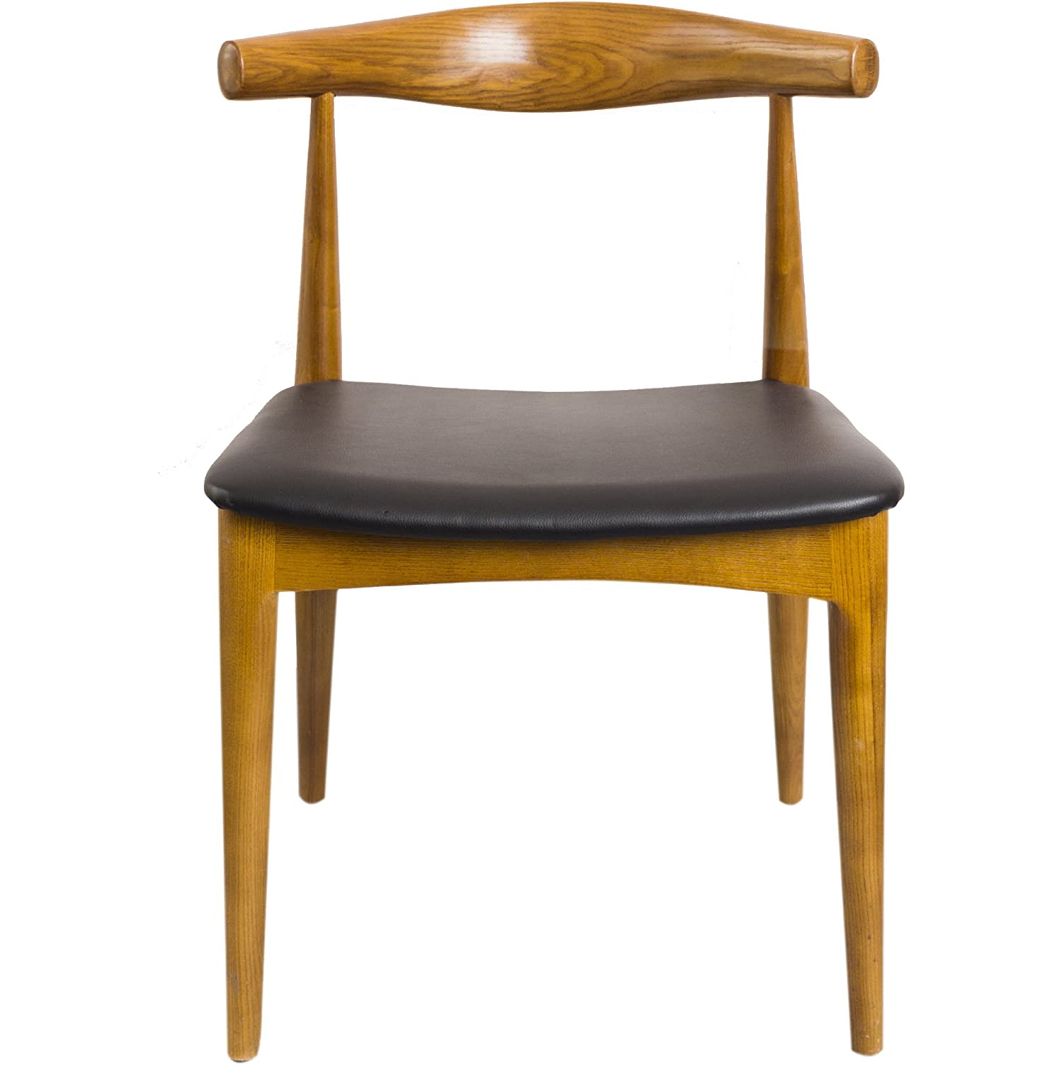 Hans Wegner Style Elbow Dining Chair, Black Faux Leather Seat Cushion Walnut Finish, Set of 2