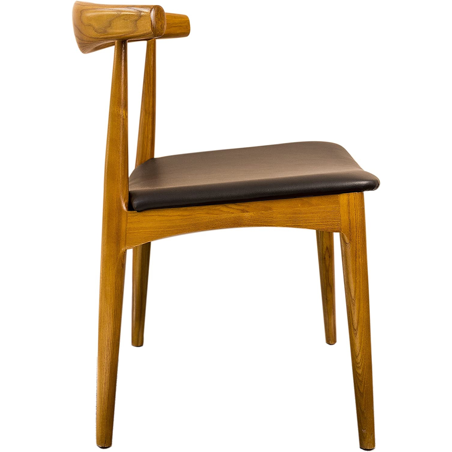 Hans Wegner Style Elbow Dining Chair, Black Faux Leather Seat Cushion Walnut Finish, Set of 2