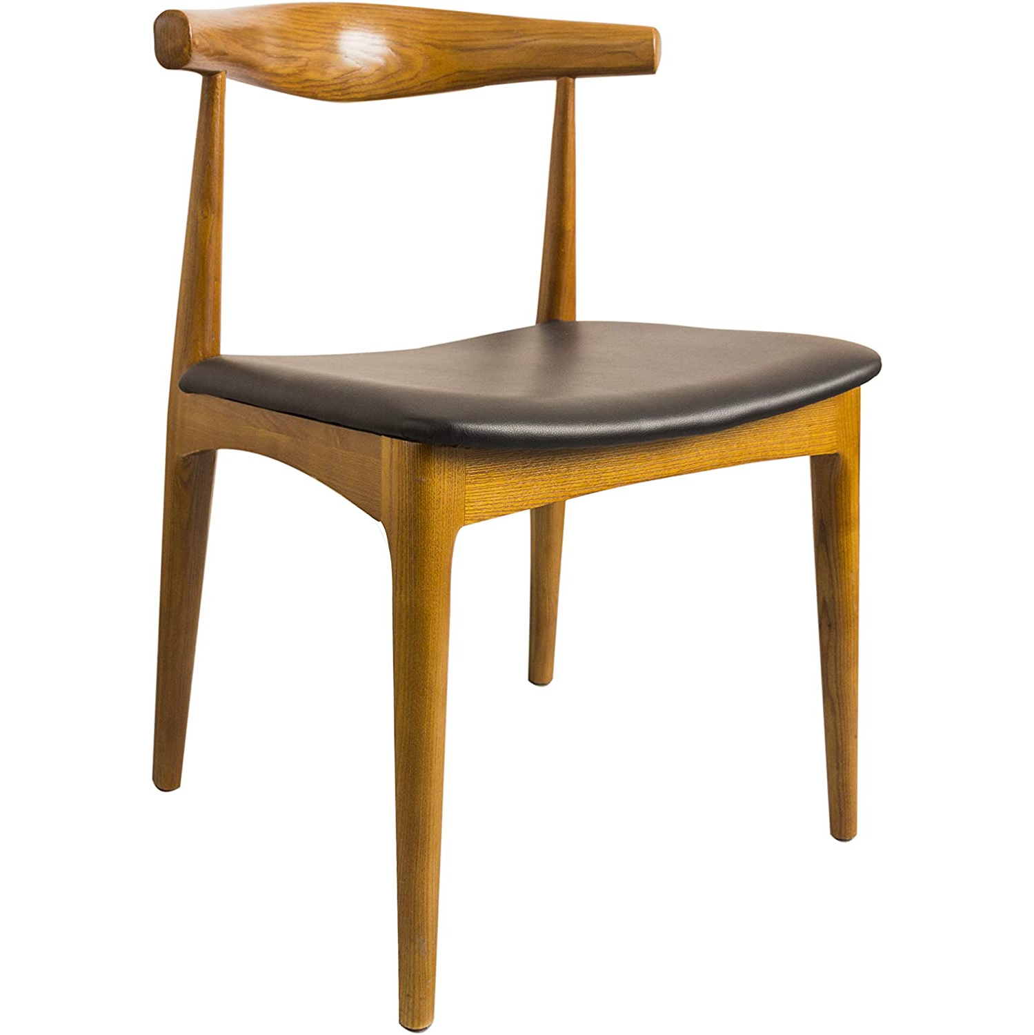 Hans Wegner Style Elbow Dining Chair, Black Faux Leather Seat Cushion Walnut Finish, Set of 2