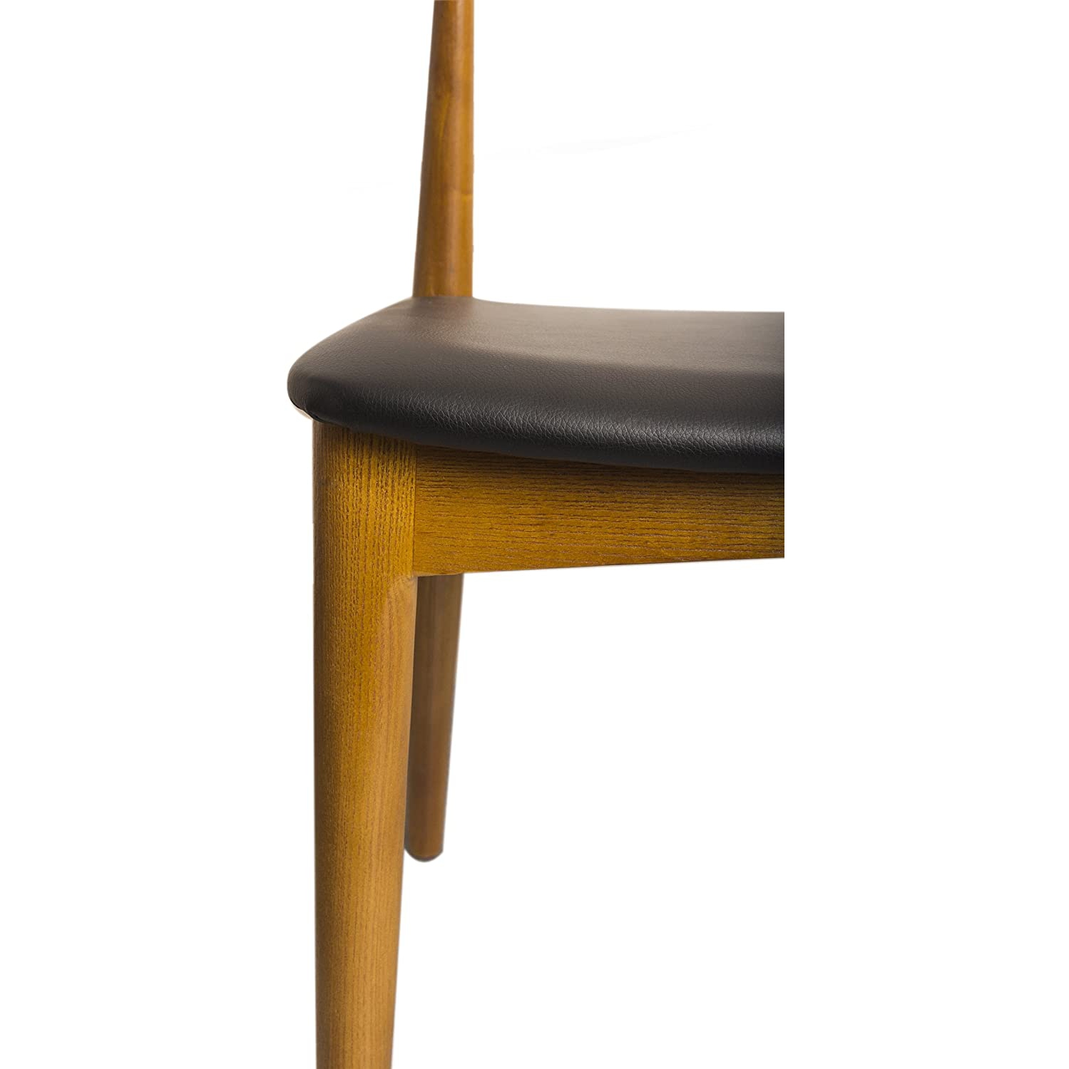 Hans Wegner Style Elbow Dining Chair, Black Faux Leather Seat Cushion Walnut Finish, Set of 2