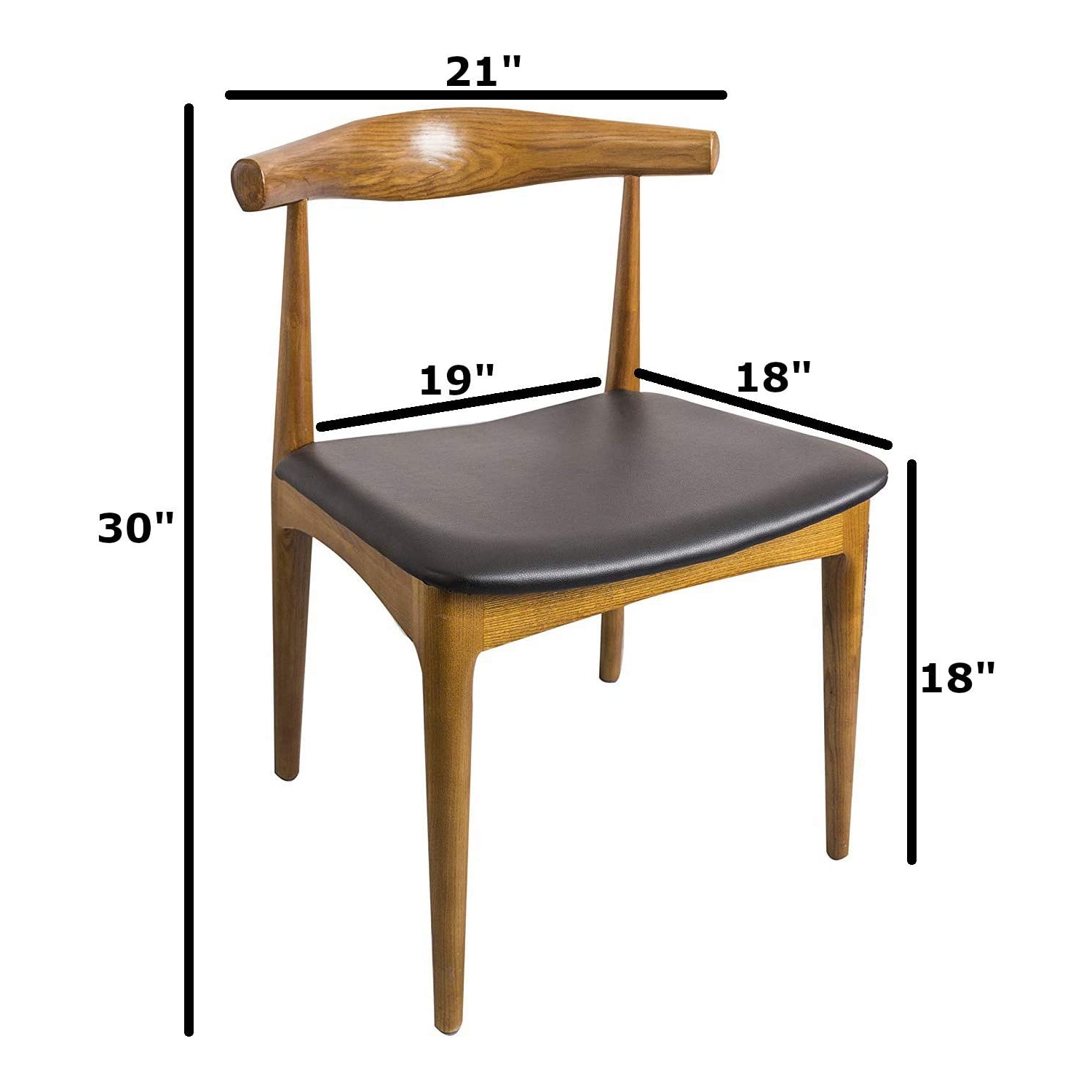Hans Wegner Style Elbow Dining Chair, Black Faux Leather Seat Cushion Walnut Finish, Set of 2